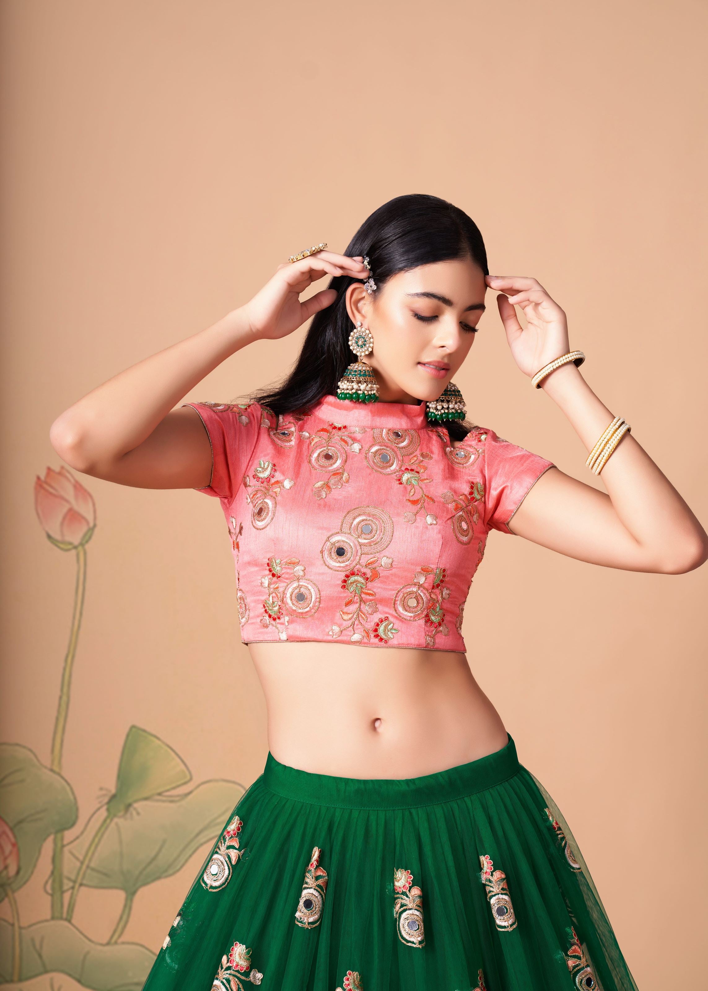 Green Lehenga Choli With   Thread, Zari, Dori And Sequins Embroidery With Mirror Work