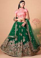 Green Lehenga Choli With   Thread, Zari, Dori And Sequins Embroidery With Mirror Work