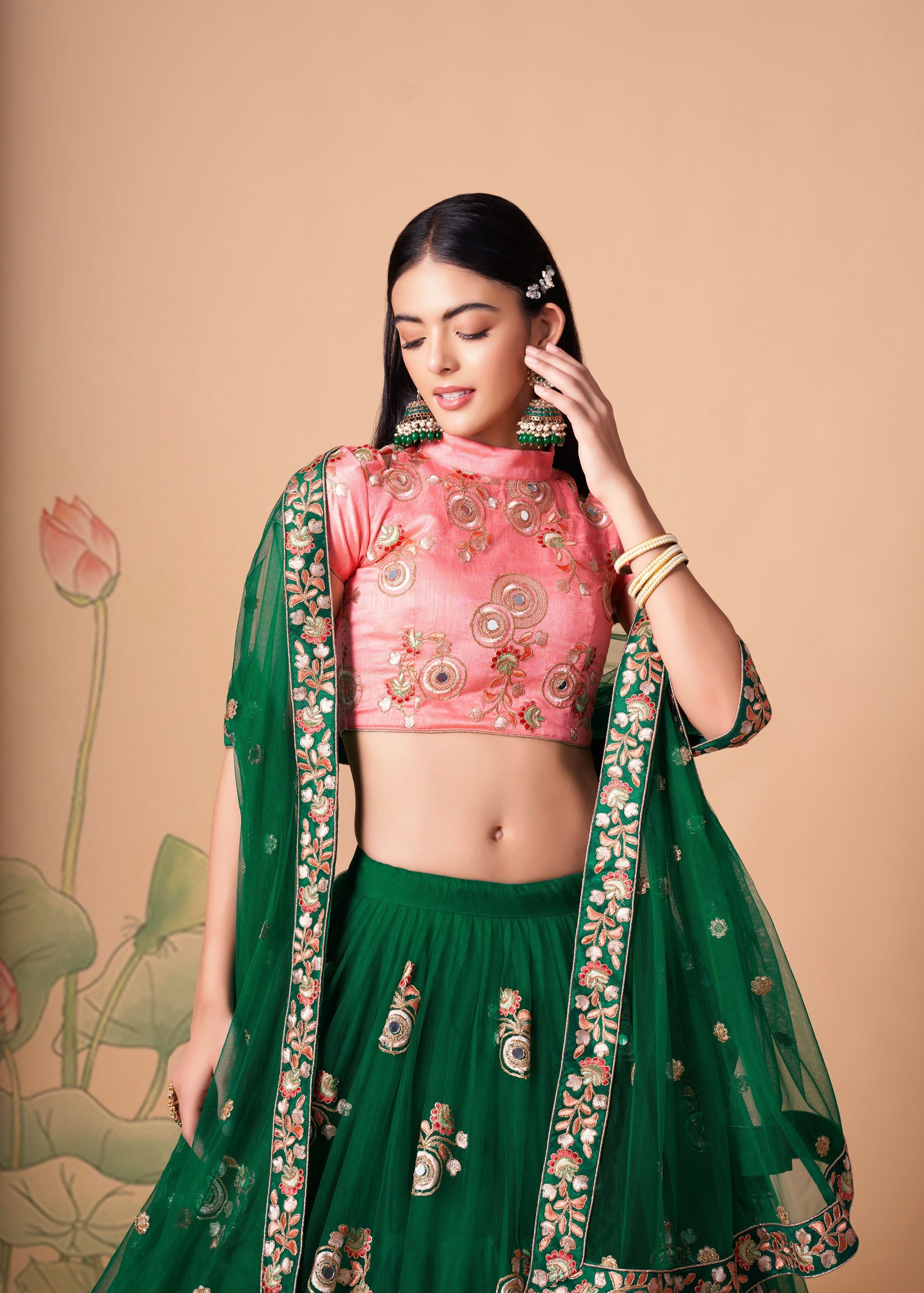 Green Lehenga Choli With   Thread, Zari, Dori And Sequins Embroidery With Mirror Work
