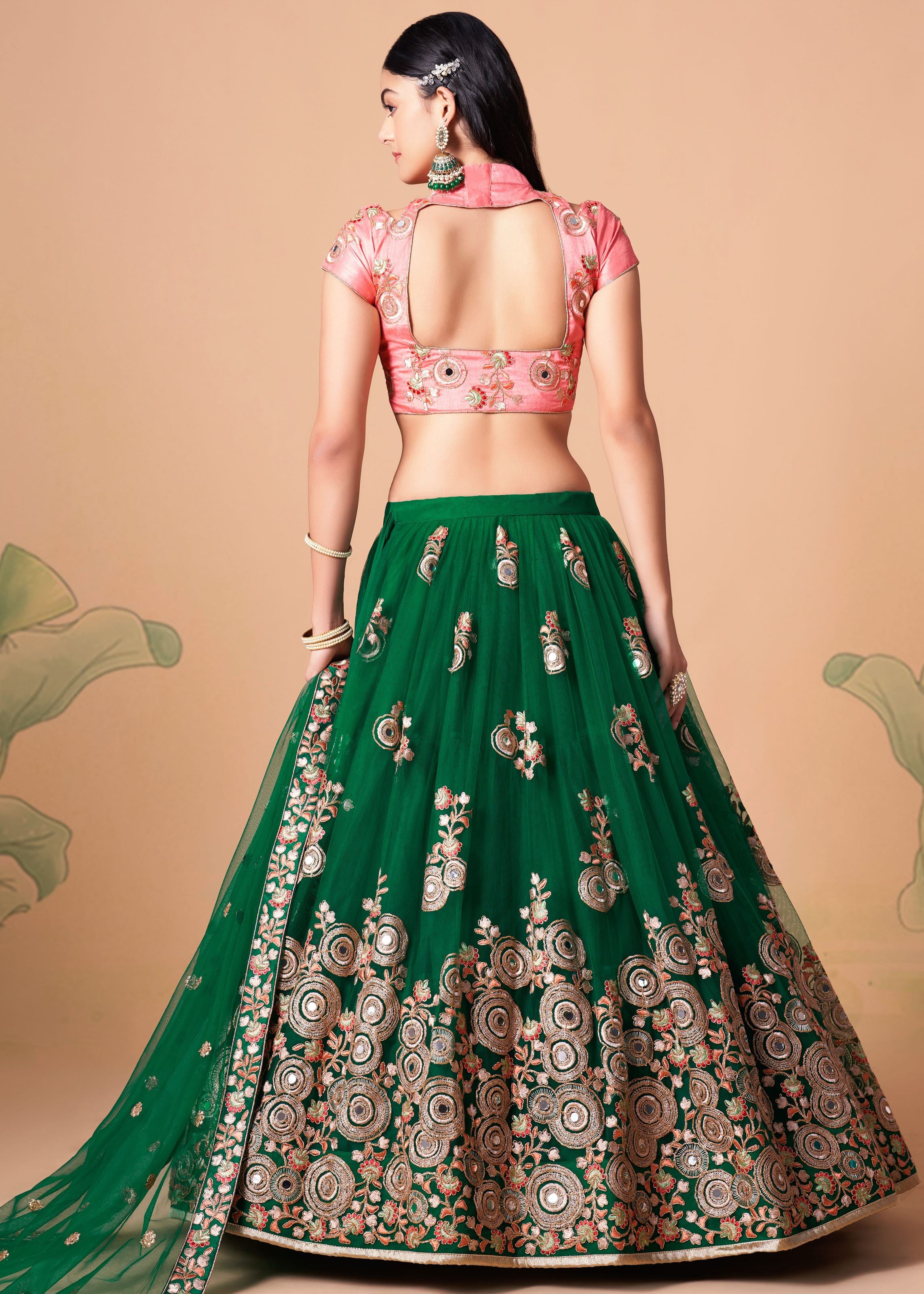 Green Lehenga Choli With   Thread, Zari, Dori And Sequins Embroidery With Mirror Work