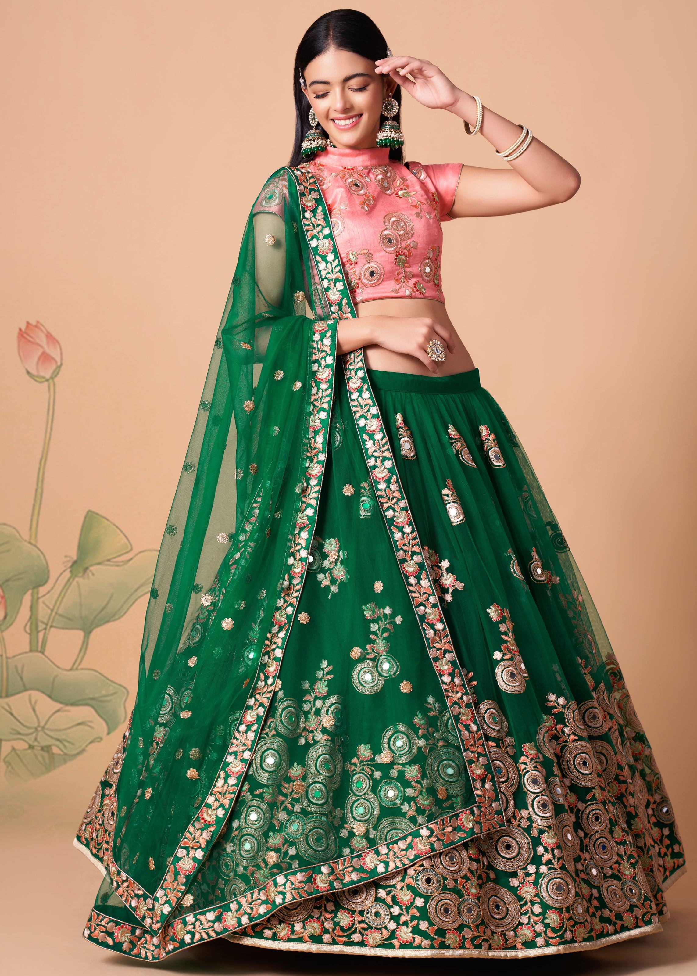 Green Lehenga Choli With   Thread, Zari, Dori And Sequins Embroidery With Mirror Work