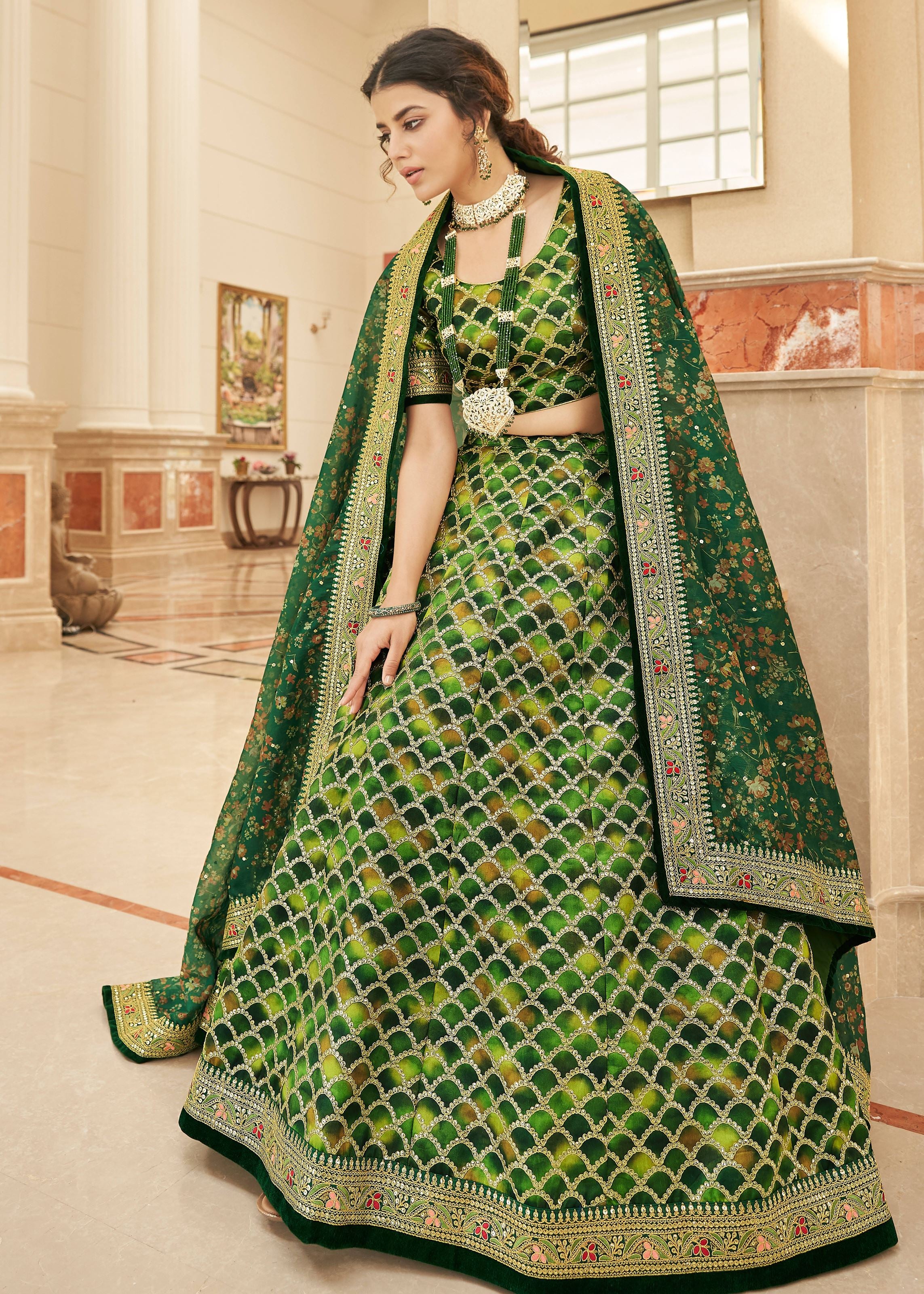 Green Lehenga Choli With Thread, Zari, Dori And Sequins Embroidery Work