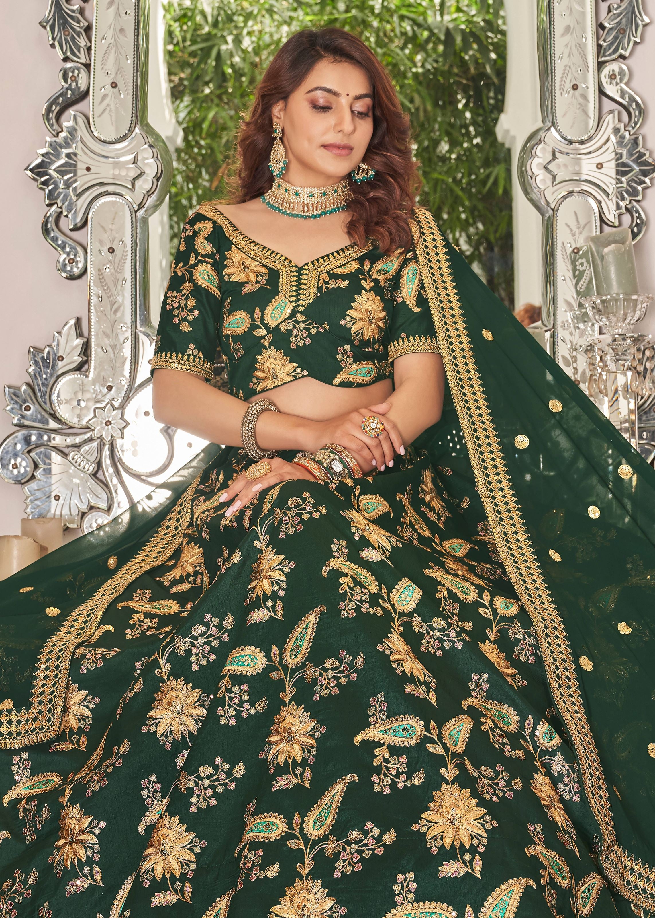 Green Lehenga Choli With Thread, Zari, Dori And Sequins Embroidery Work