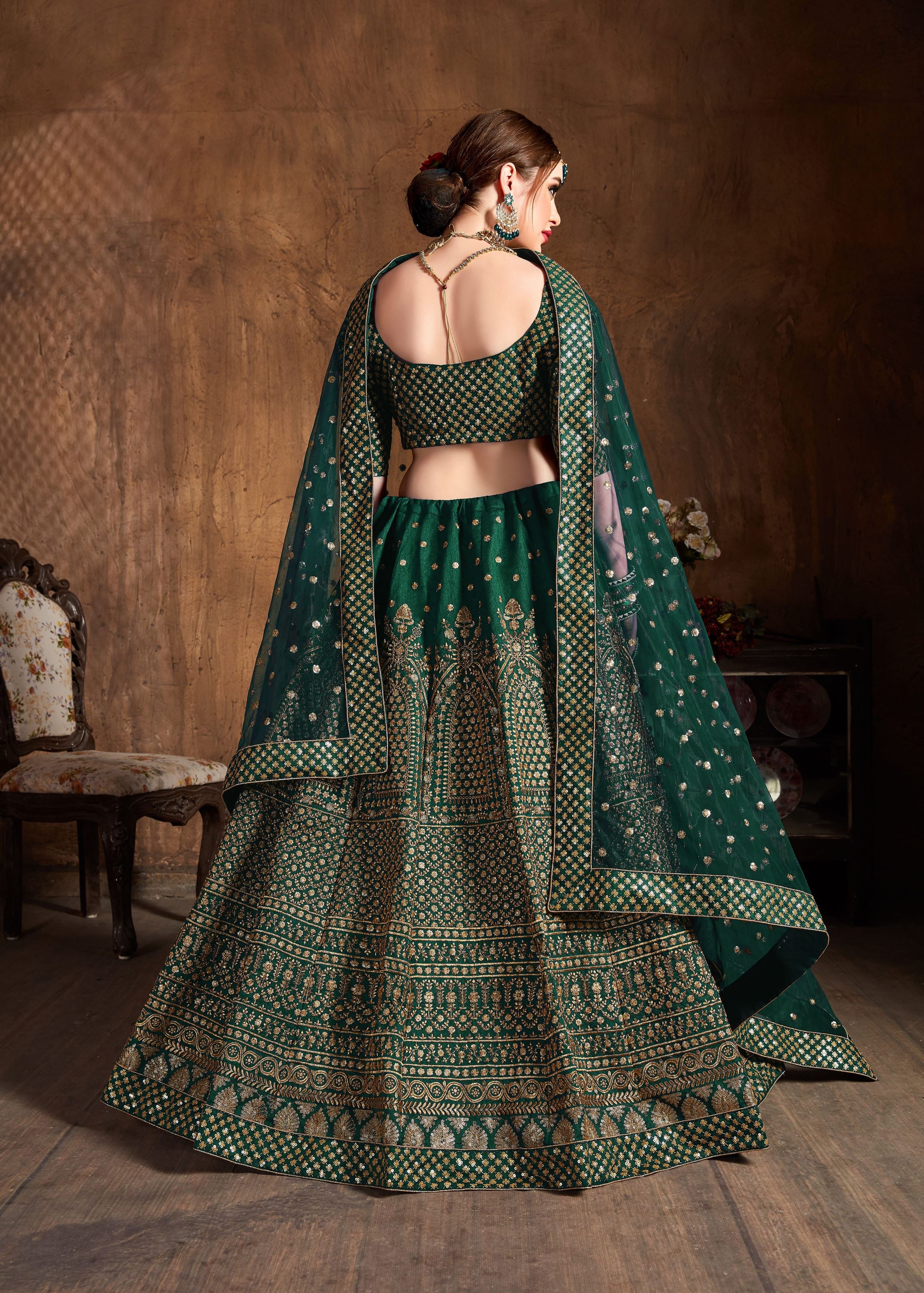 Green Lehenga Choli With Zari And Glitter Sequins Embroidery