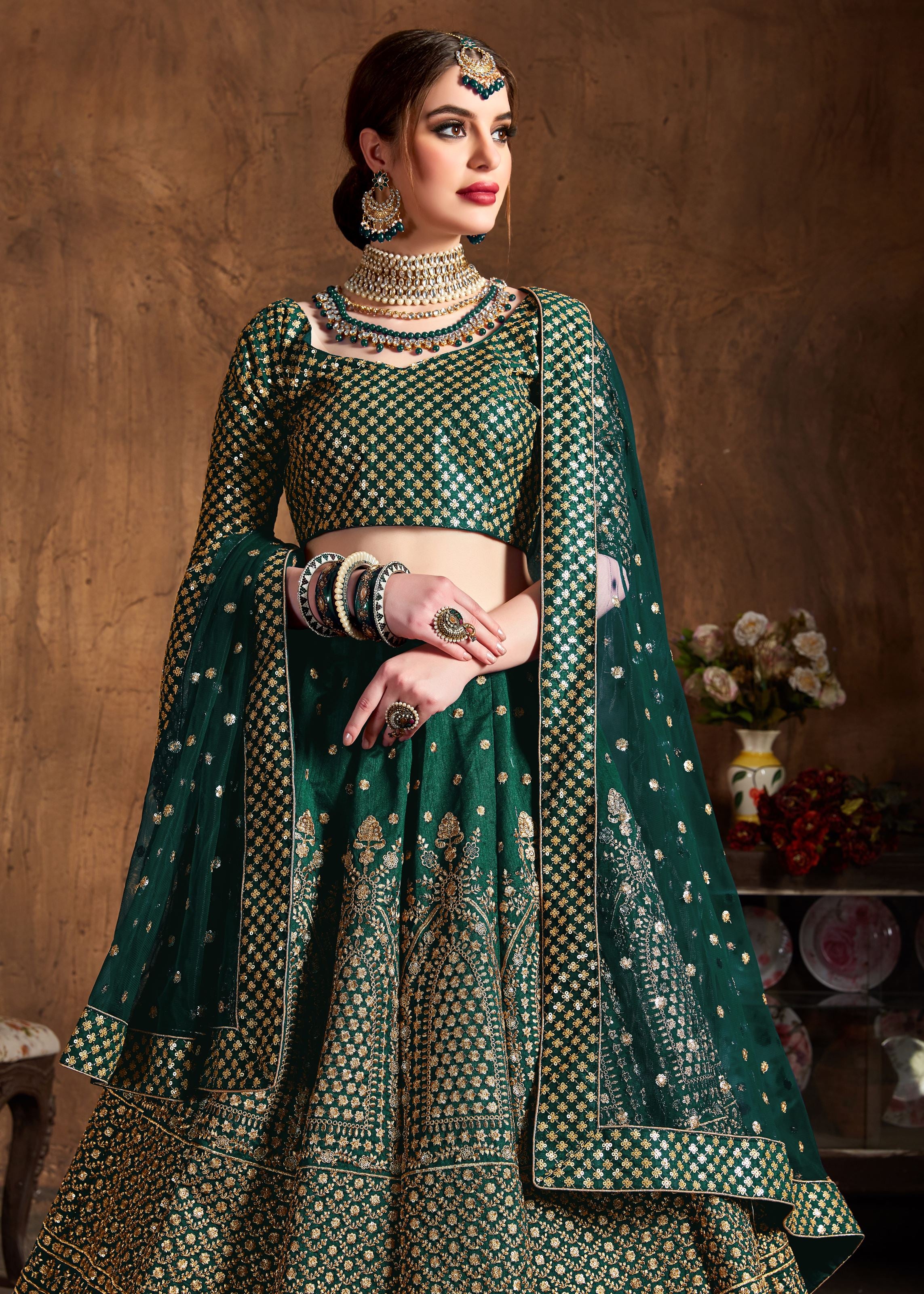 Green Lehenga Choli With Zari And Glitter Sequins Embroidery