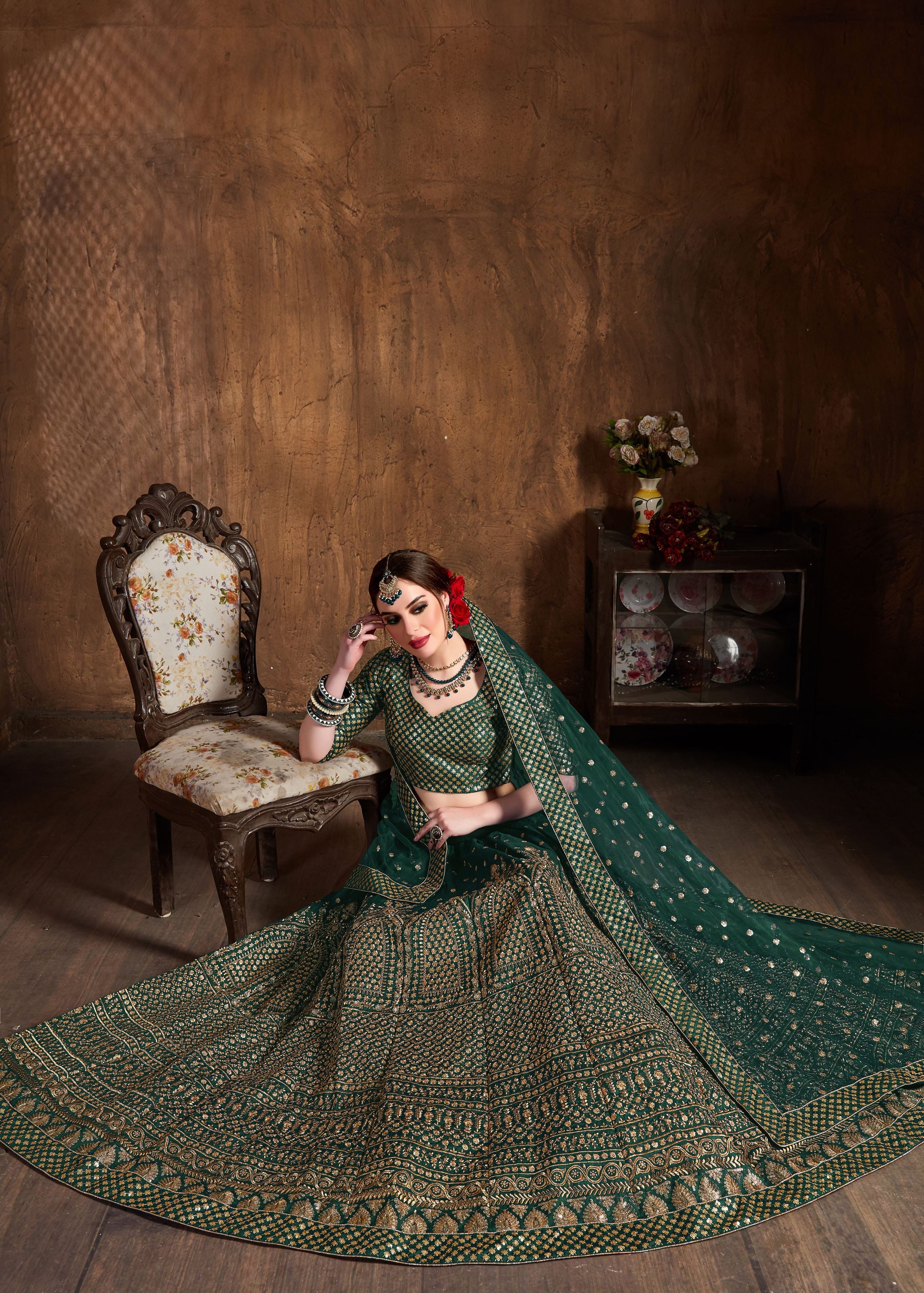 Green Lehenga Choli With Zari And Glitter Sequins Embroidery