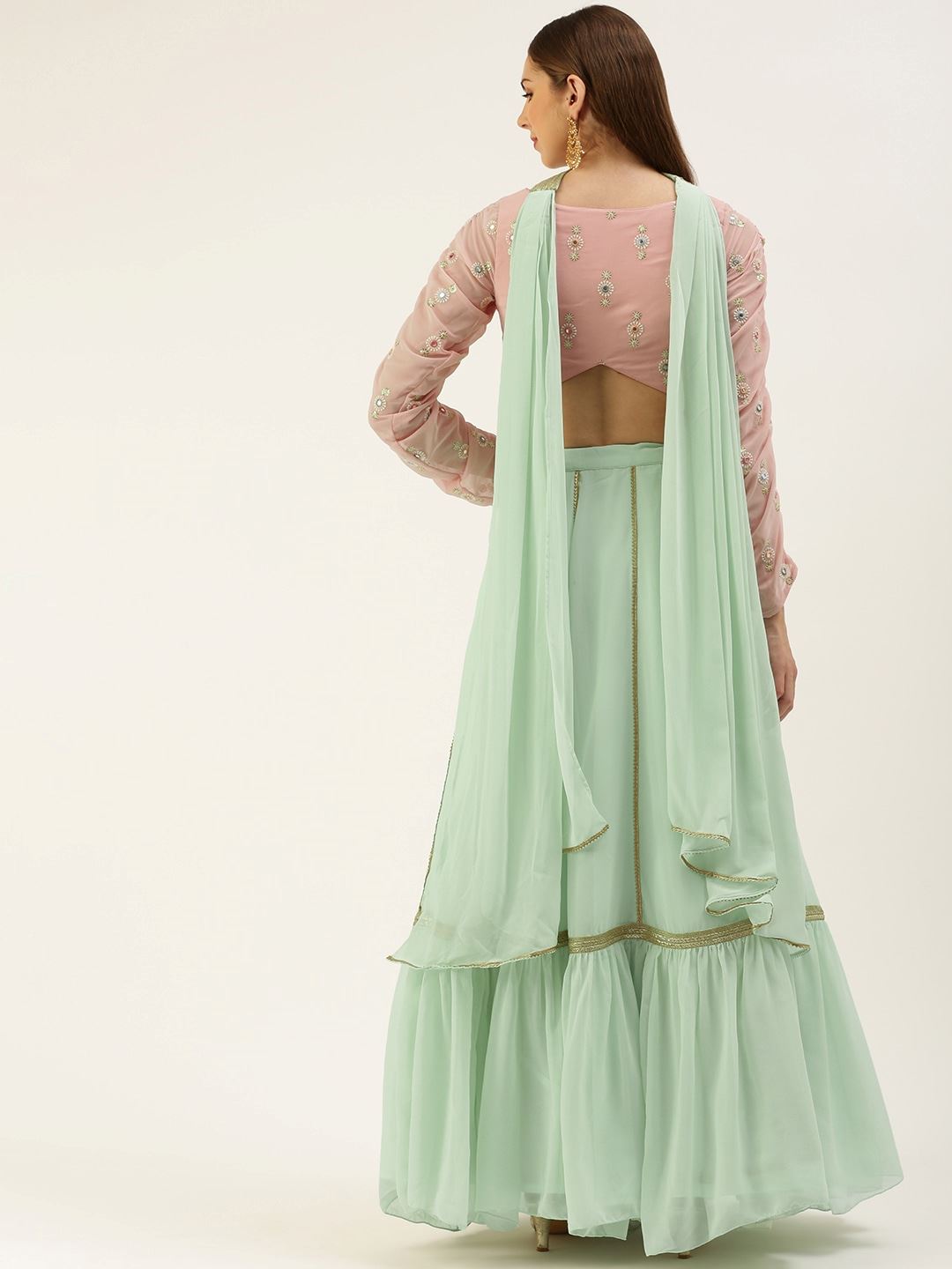 Green Lehenga Choli with Thread Embroidery With Mirror Work