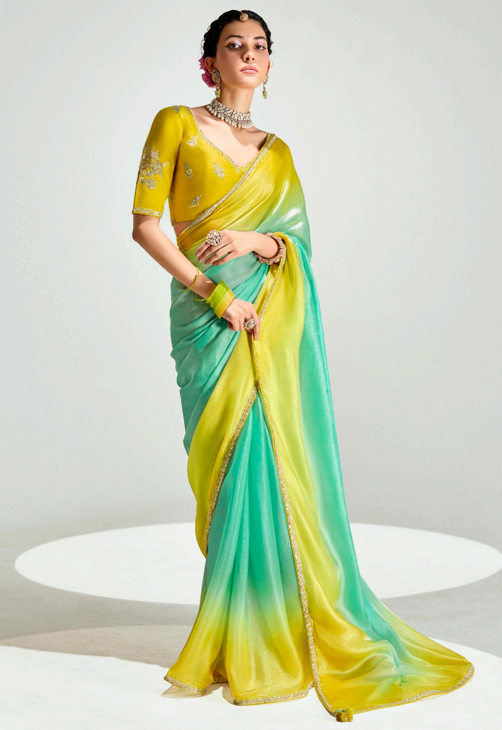 Green Lemon Organza Saree with Embroidered Blouse