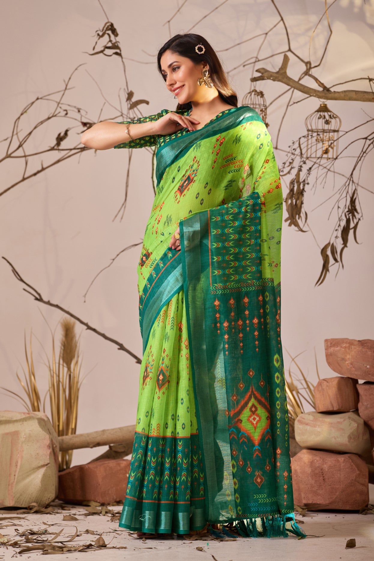 Green Linen Cotton Saree with Digital Print