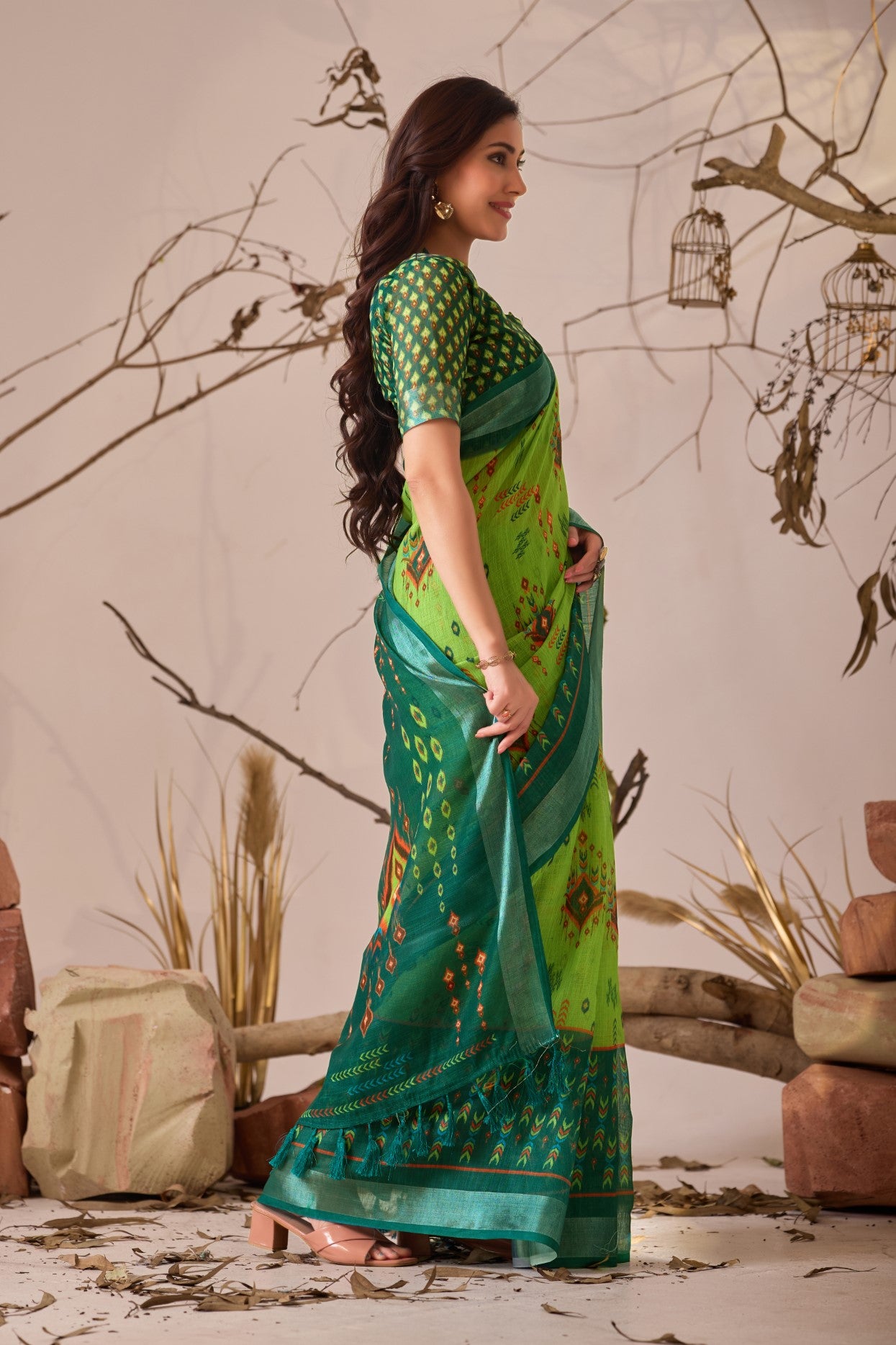 Green Linen Cotton Saree with Digital Print