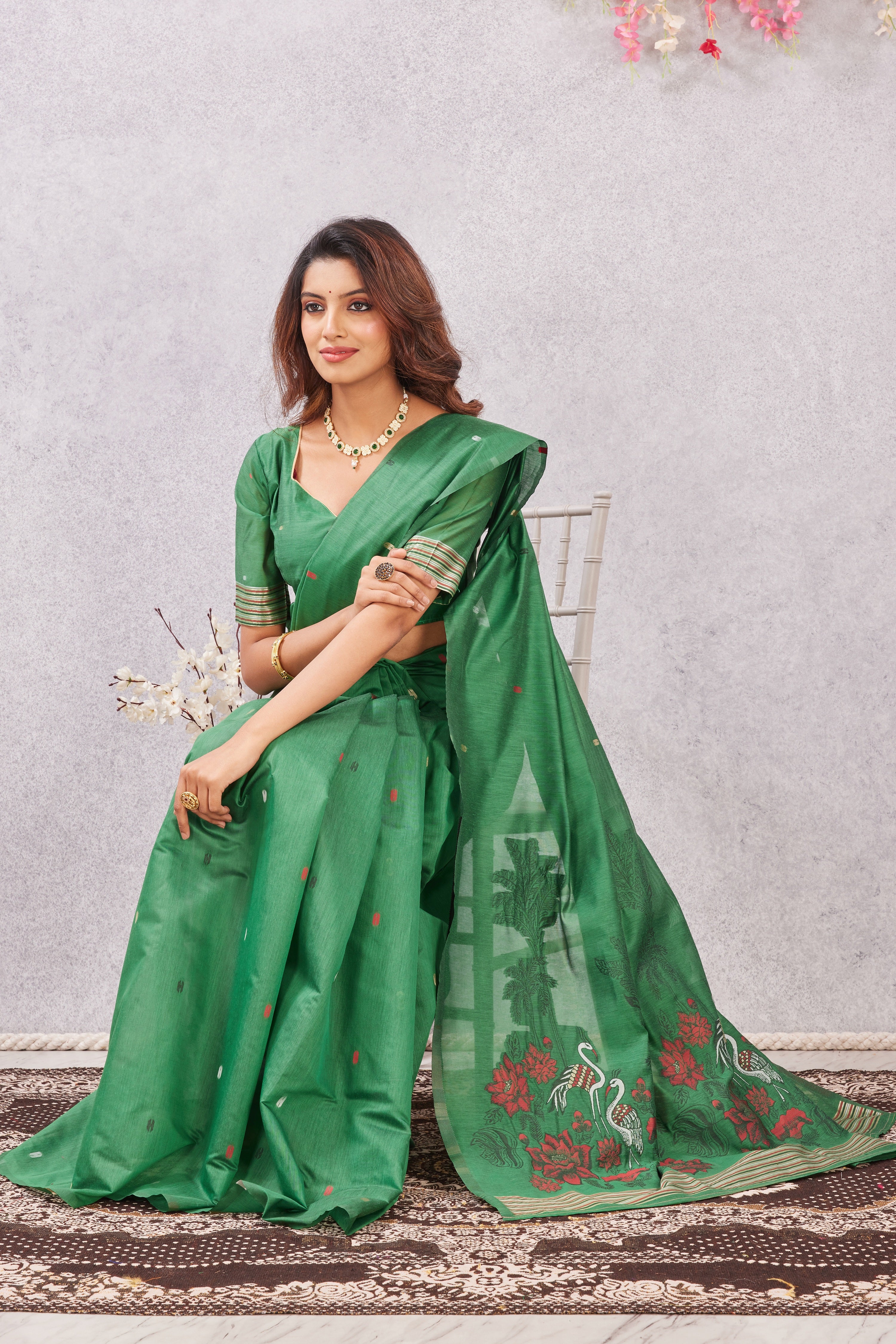 Green Linen Cotton Saree with Ethnic Motif Design & Rich Jacquard Pallu