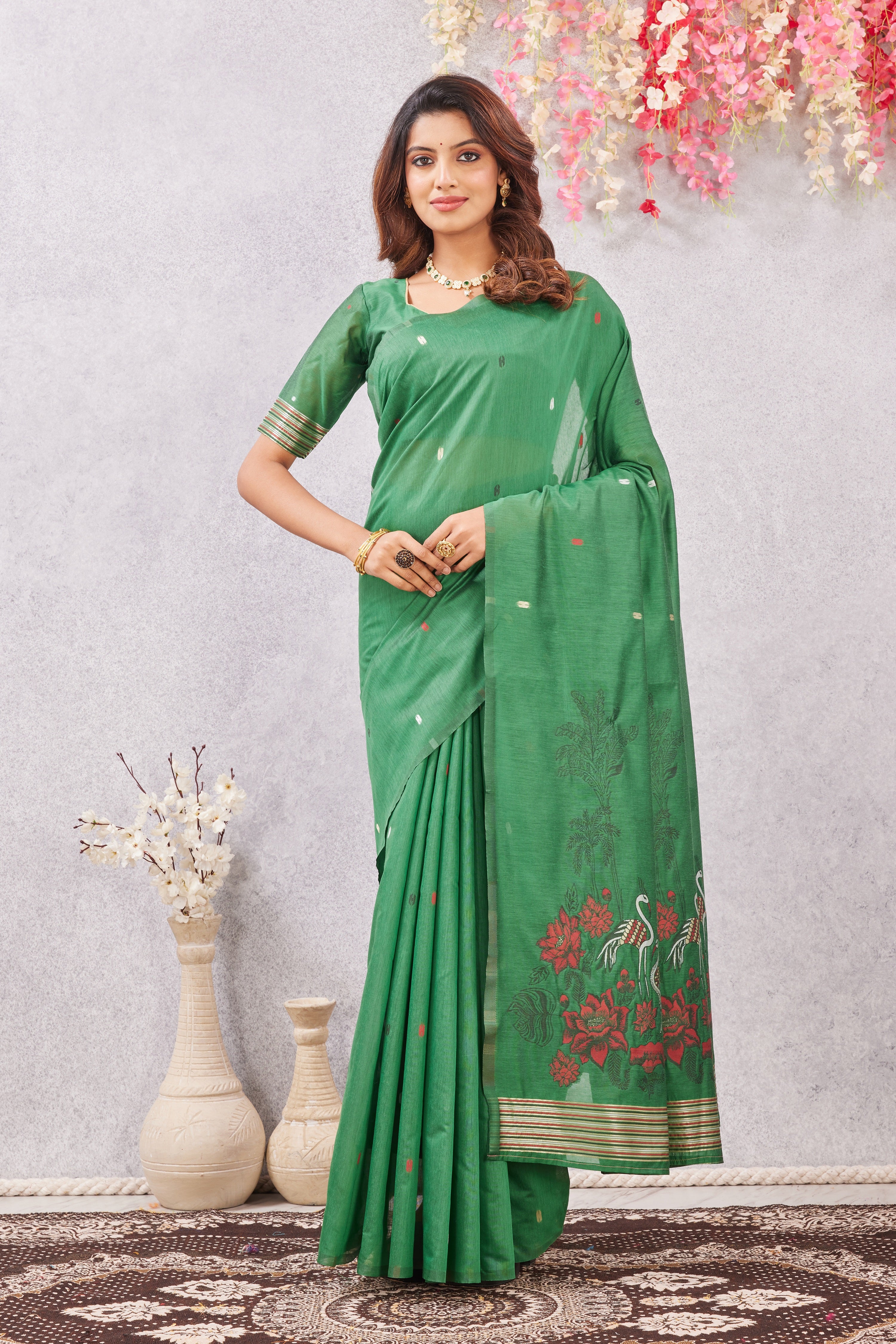 Green Linen Cotton Saree with Ethnic Motif Design & Rich Jacquard Pallu