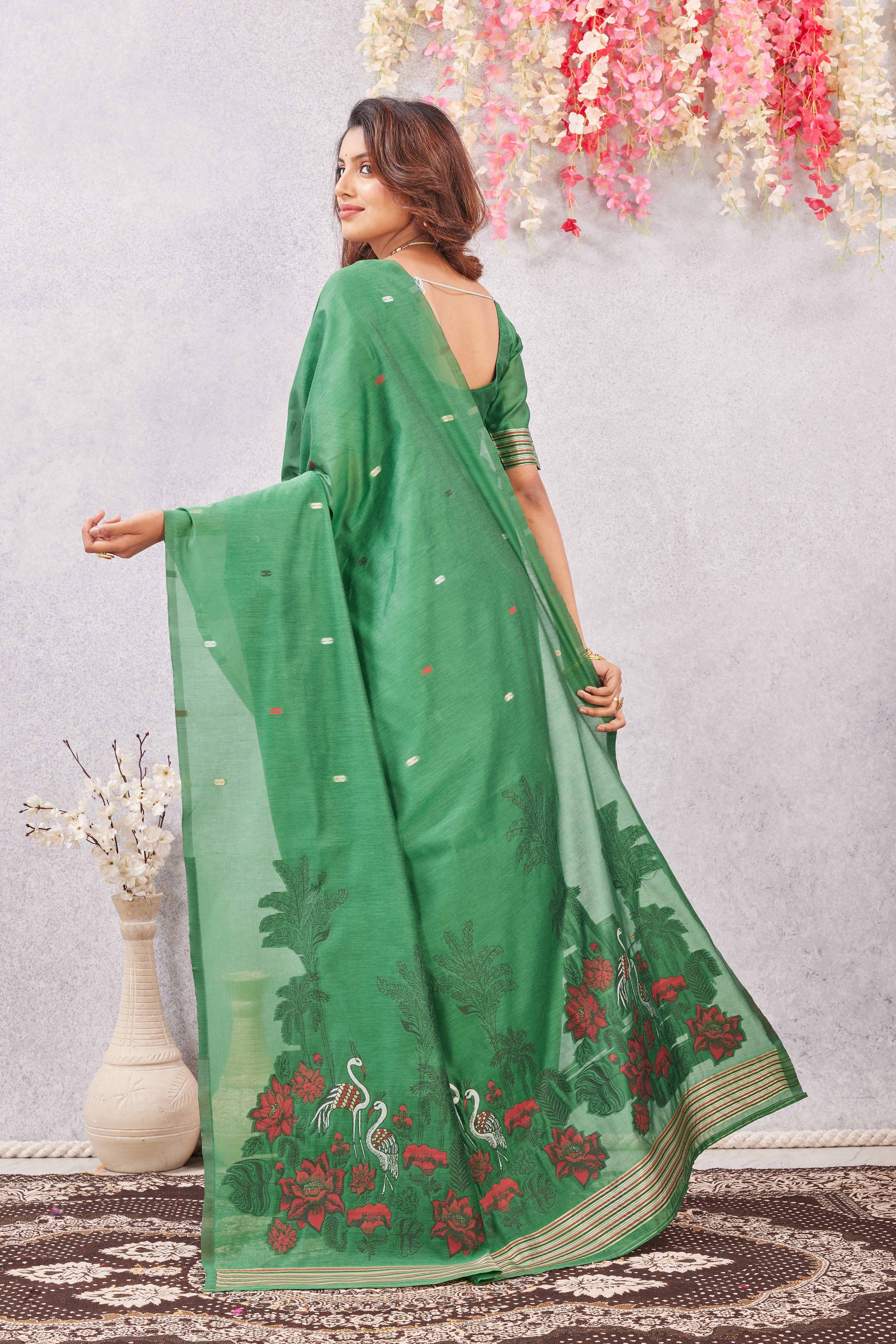 Green Linen Cotton Saree with Ethnic Motif Design & Rich Jacquard Pallu
