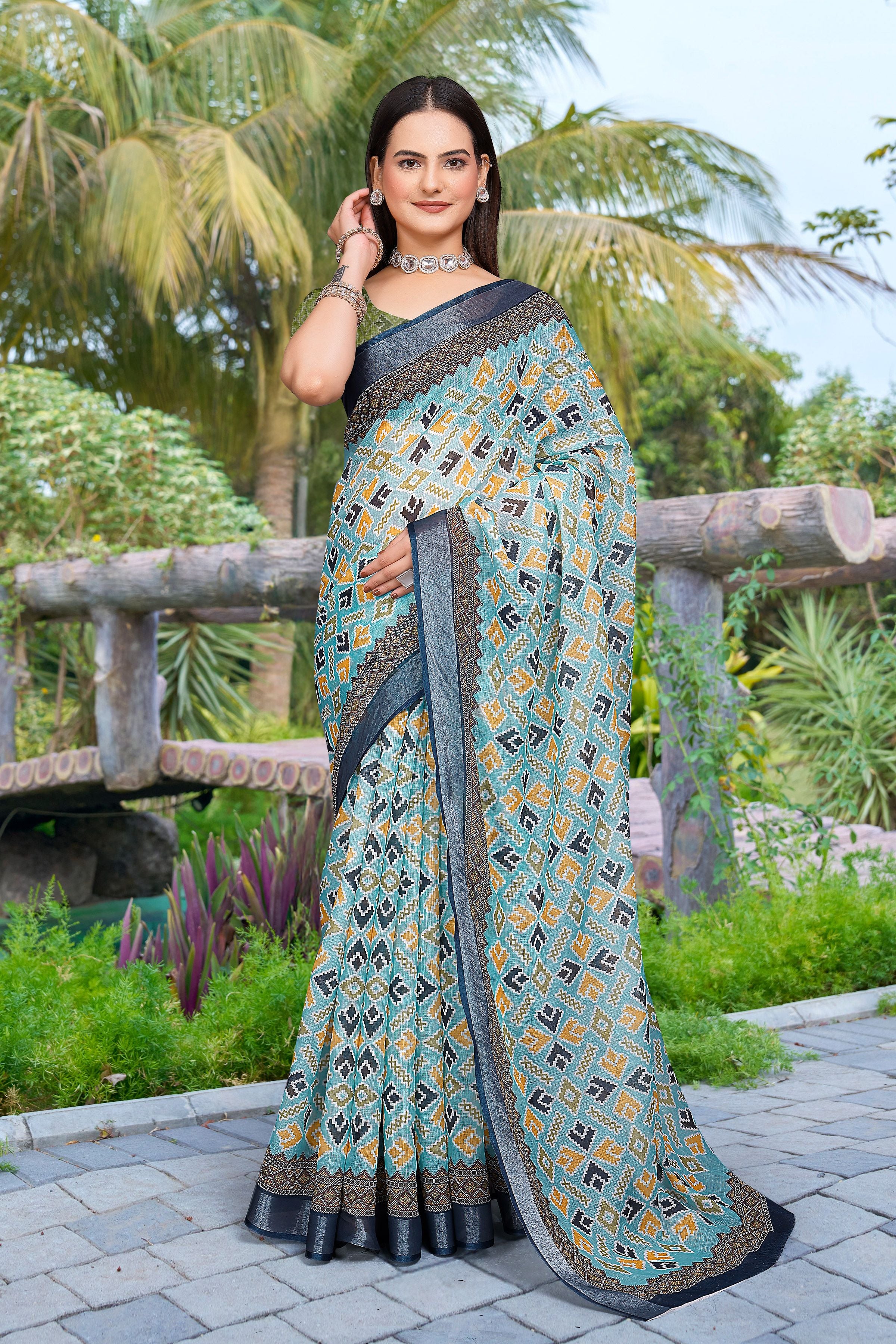 Green Linen Cotton Woven Border Designer Printed Saree