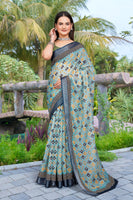 Green Linen Cotton Woven Border Designer Printed Saree