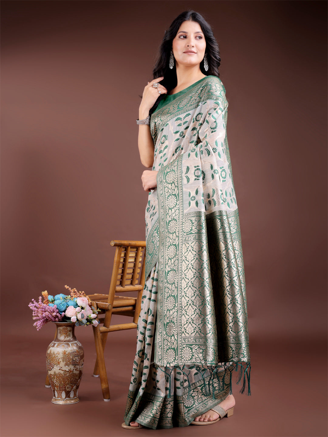 Green Linen Cotton Woven Jacquard Designer Beautiful Festive Saree