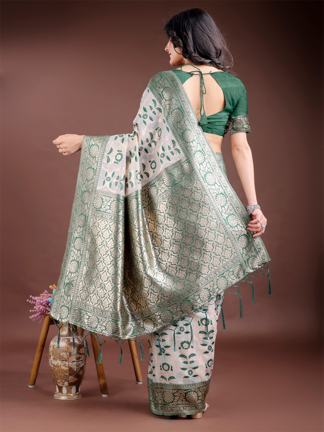 Green Linen Cotton Woven Jacquard Designer Beautiful Festive Saree
