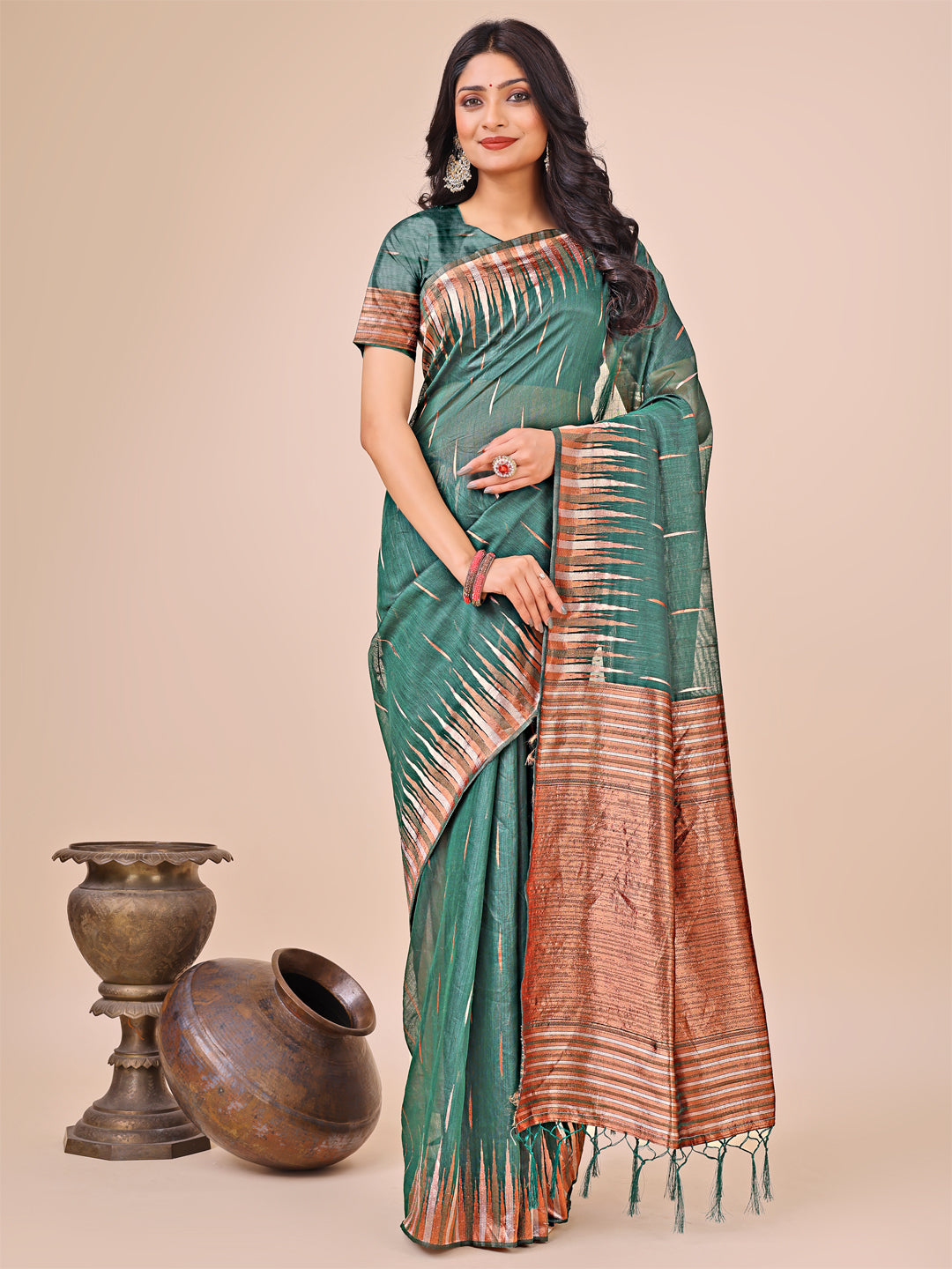 Green Linen Cotton Woven Jacquard Designer Festive Wear Saree
