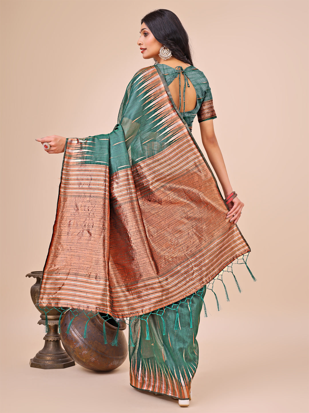 Green Linen Cotton Woven Jacquard Designer Festive Wear Saree