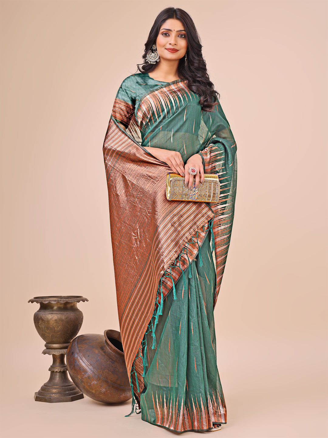 Green Linen Cotton Woven Jacquard Designer Festive Wear Saree