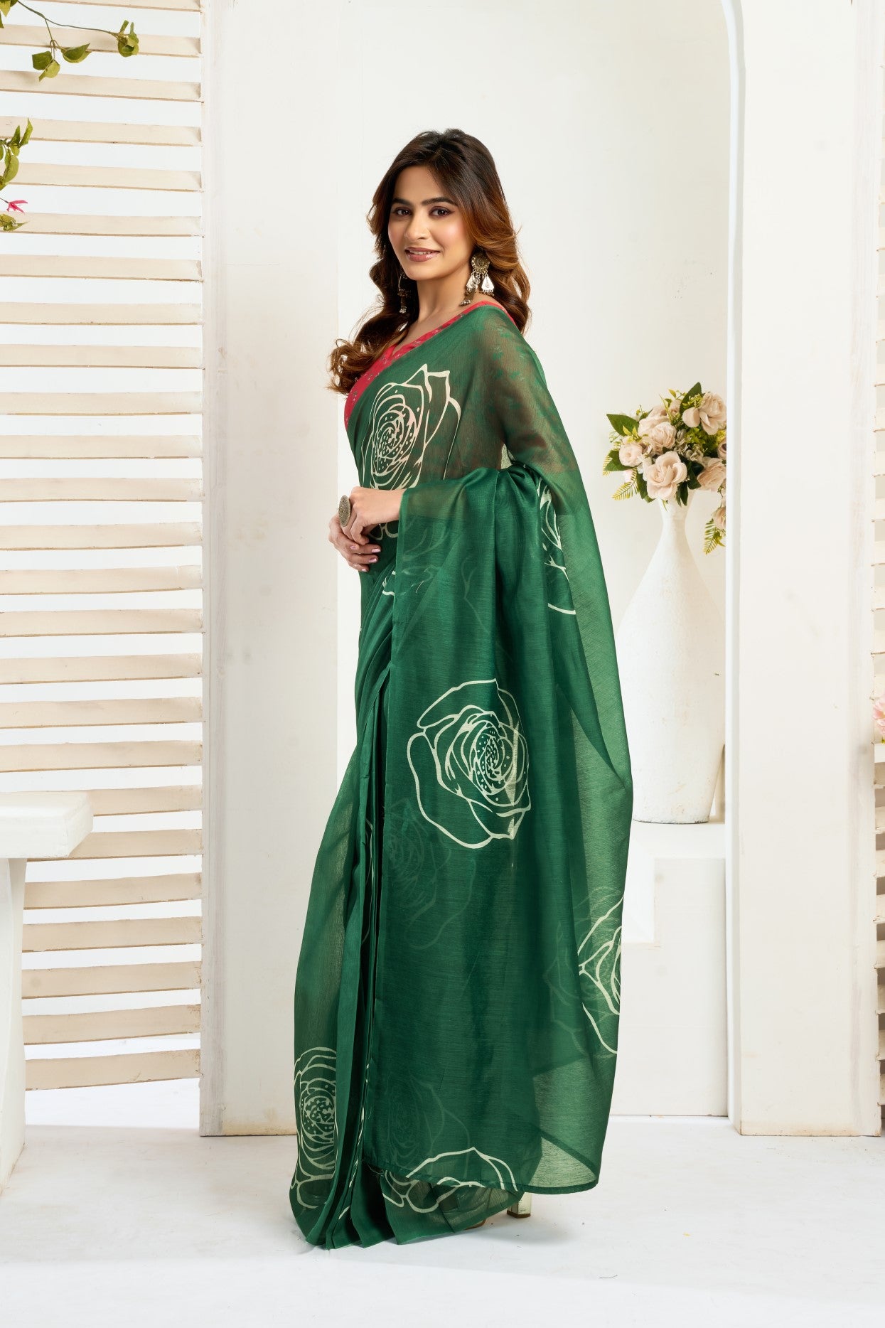 Green Linen Ready To Wear Saree With Zari Border Printed