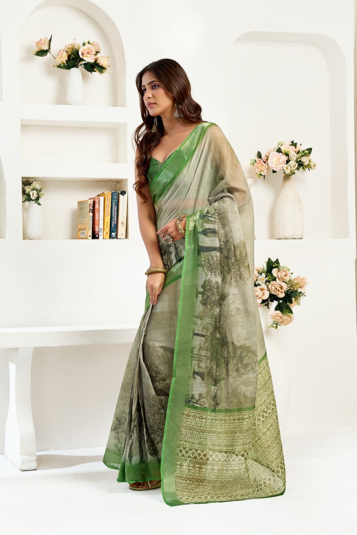 Green Linen Ready To Wear Saree With Zari Border Printed