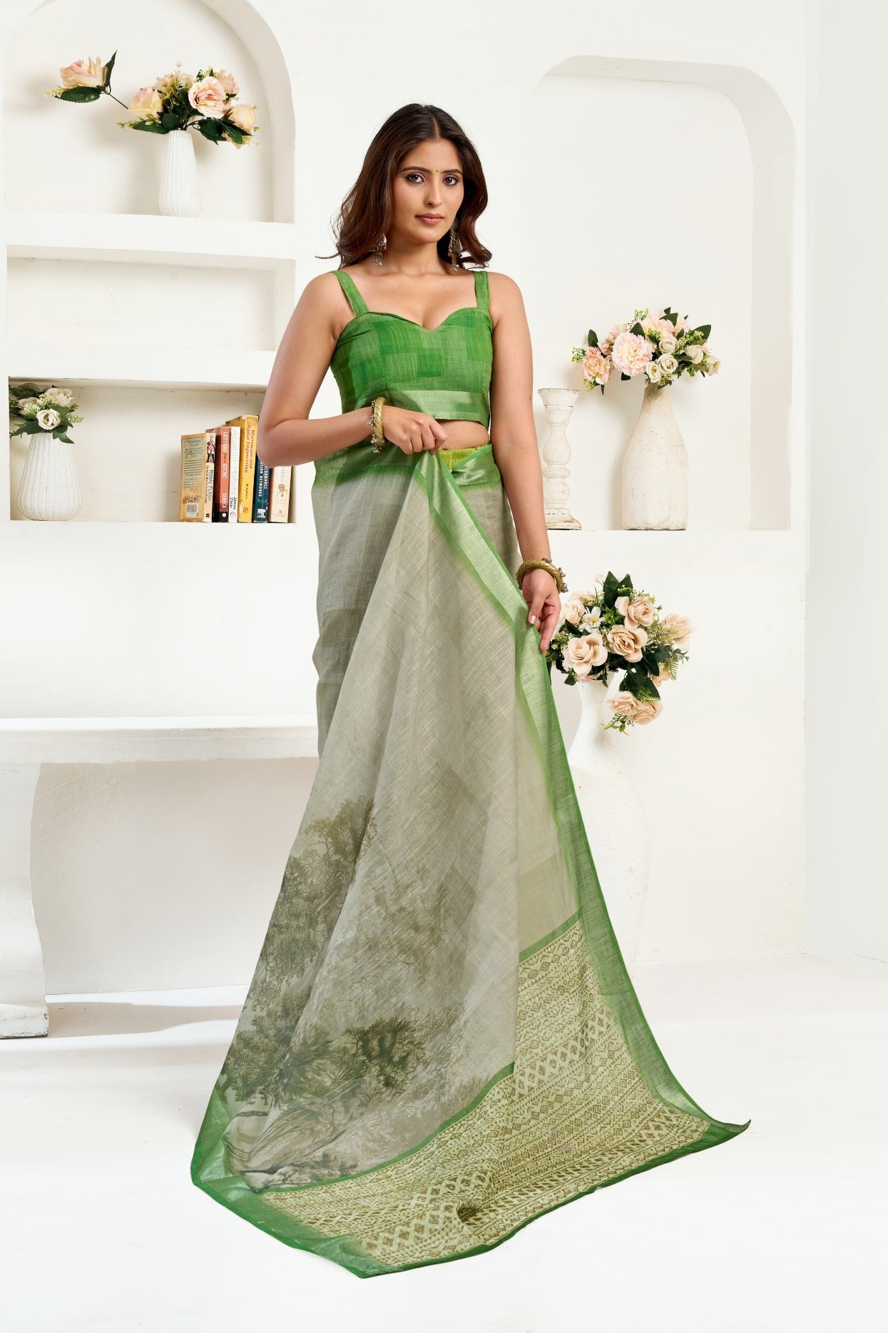 Green Linen Ready To Wear Saree With Zari Border Printed