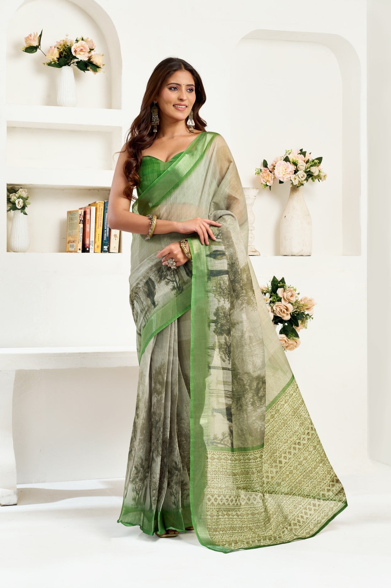 Green Linen Ready To Wear Saree With Zari Border Printed