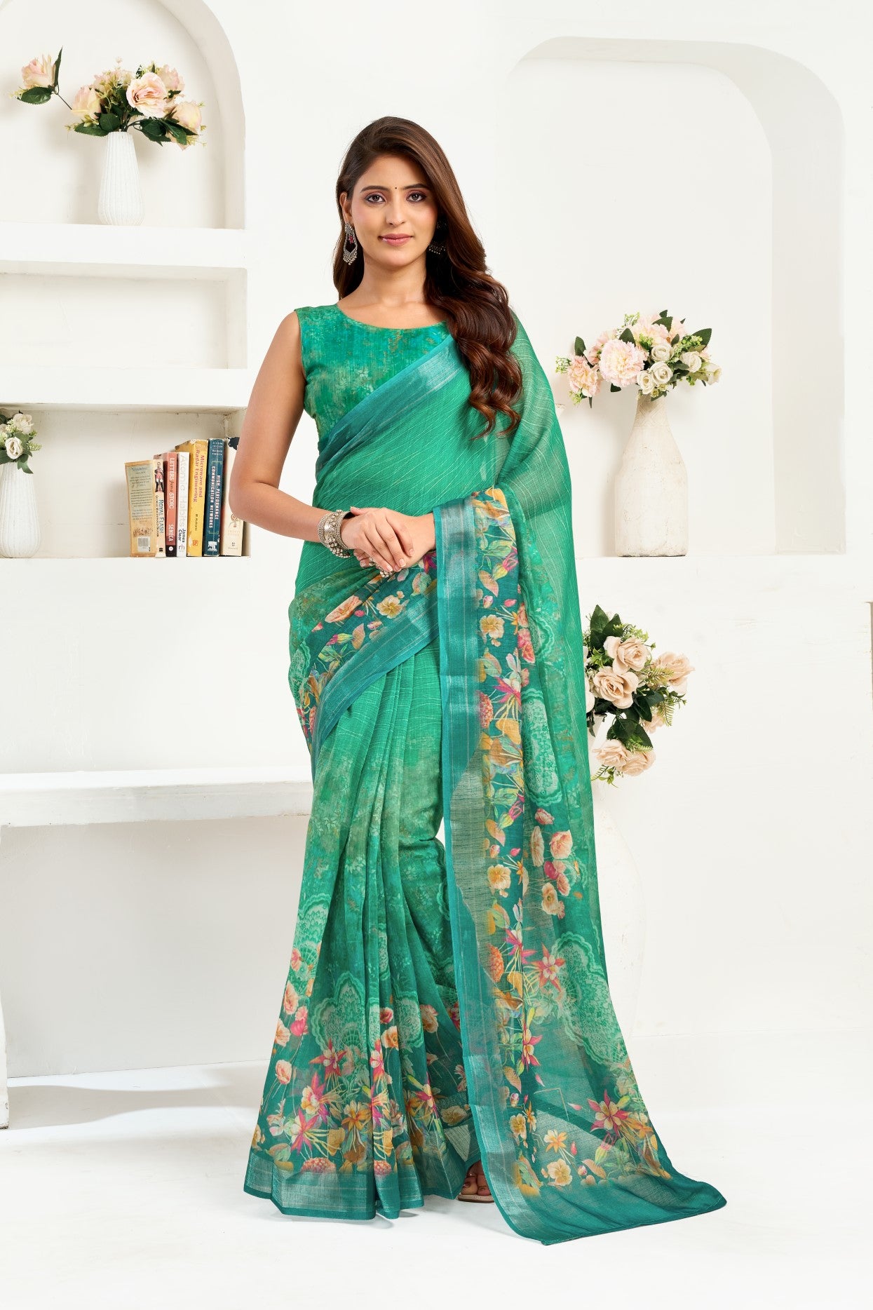 Green Linen Ready To Wear Saree With Zari Border Printed