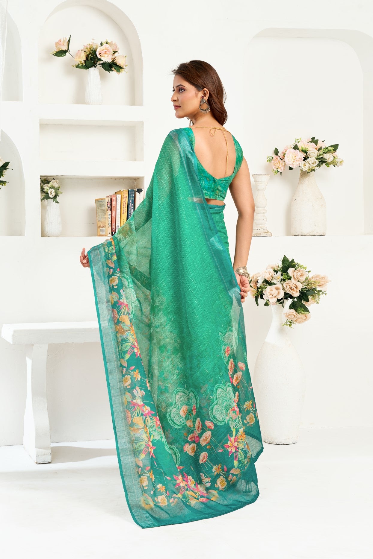 Green Linen Ready To Wear Saree With Zari Border Printed