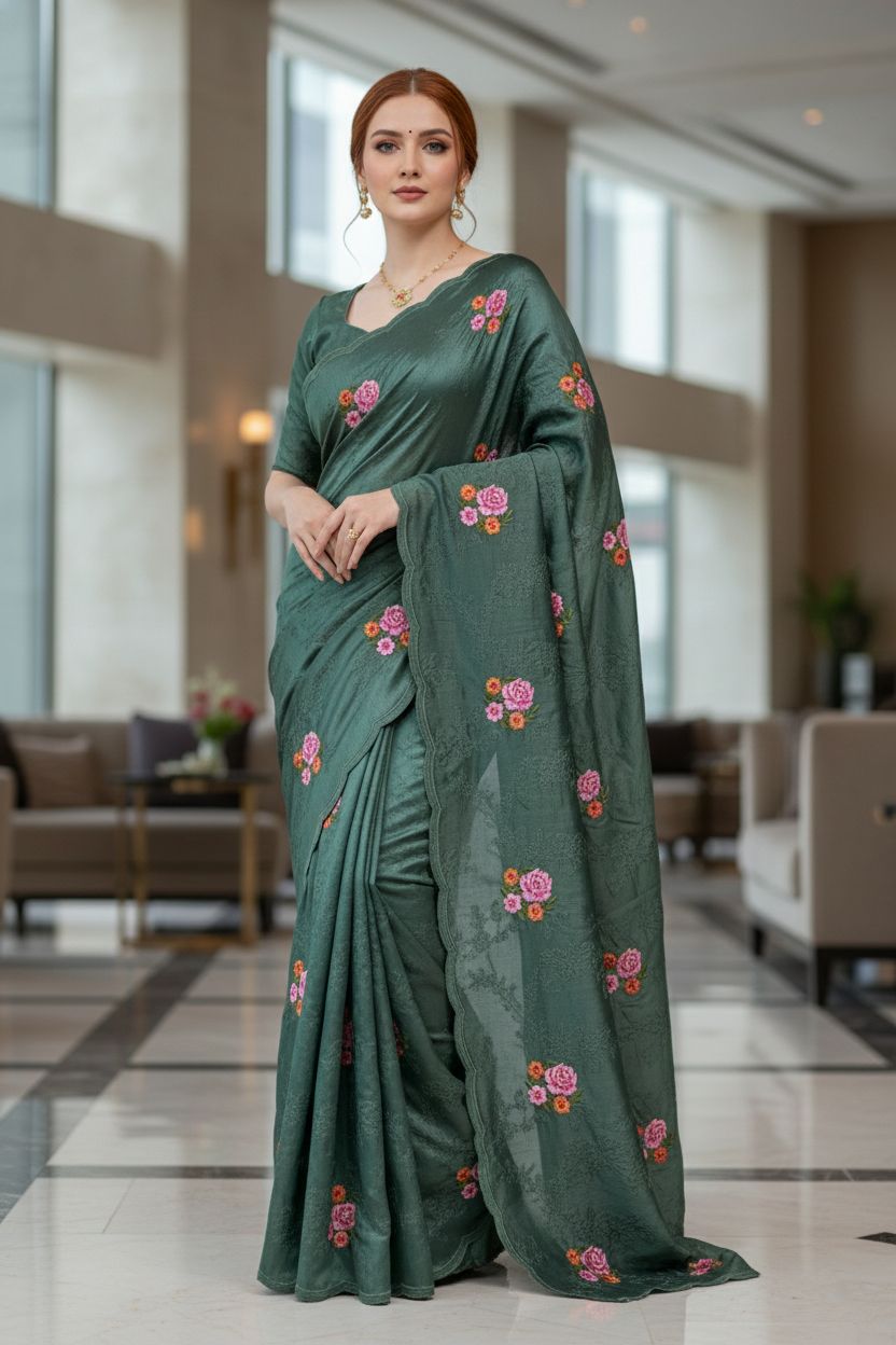 Green Manipuri Silk Saree with Elegant Embroidery Cut Work