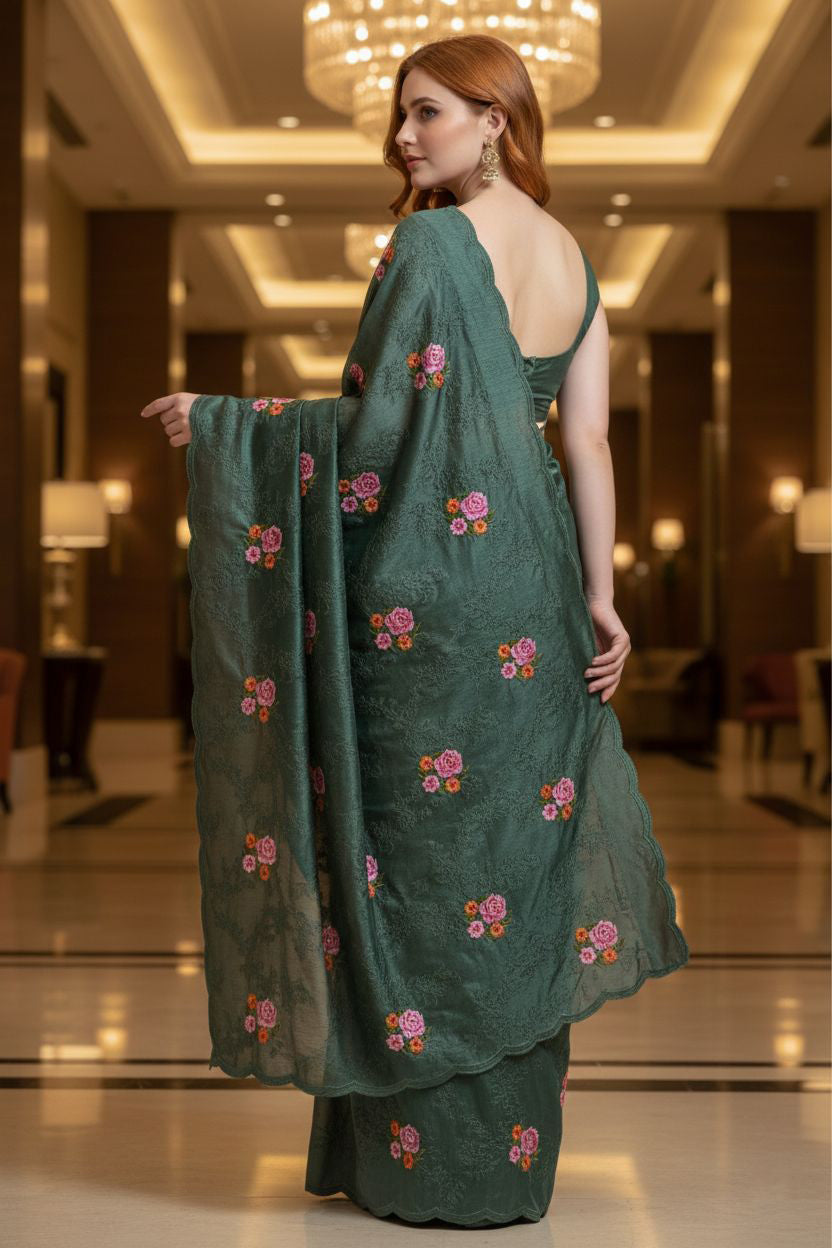 Green Manipuri Silk Saree with Elegant Embroidery Cut Work