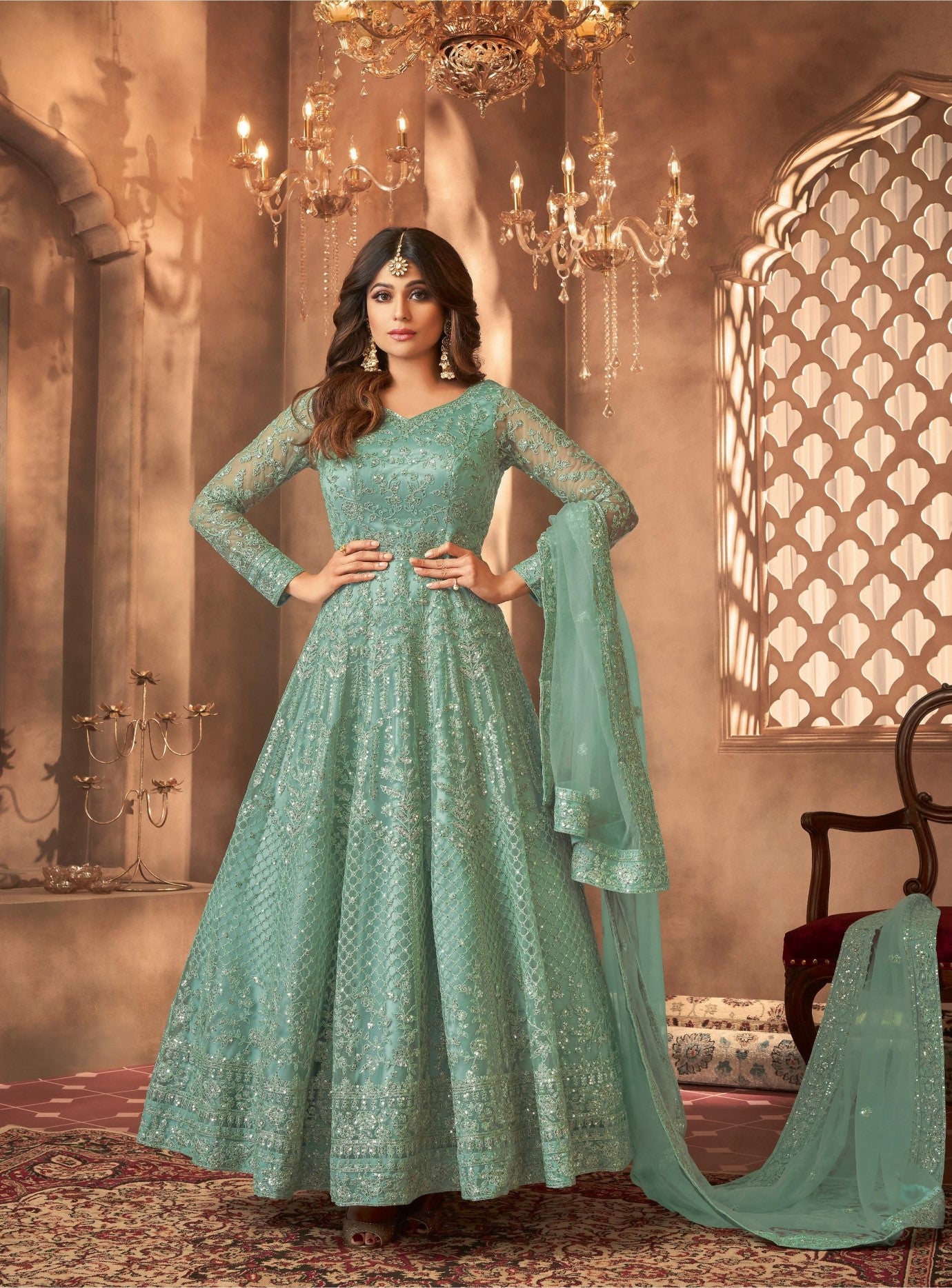 Green Net Designer Suit Set With Intricate Embroidery