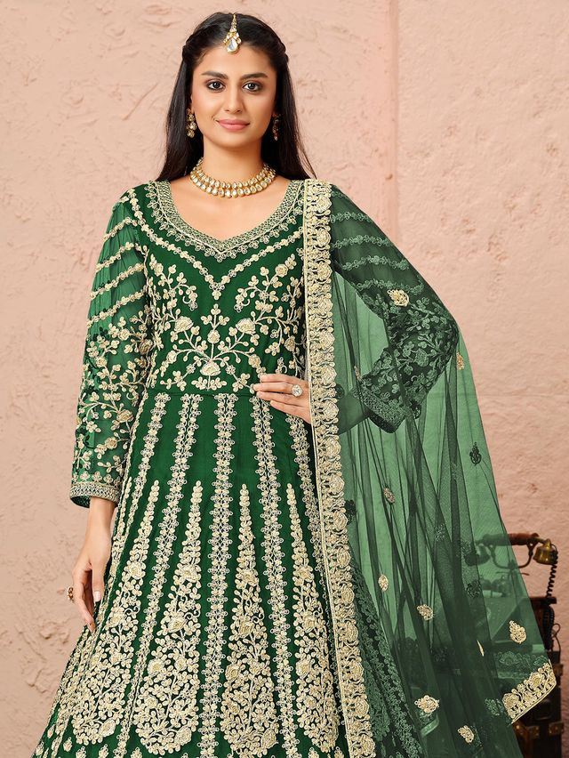 Green Net Heavy Thread Embroidery And Zari Work  Anarkali Suits