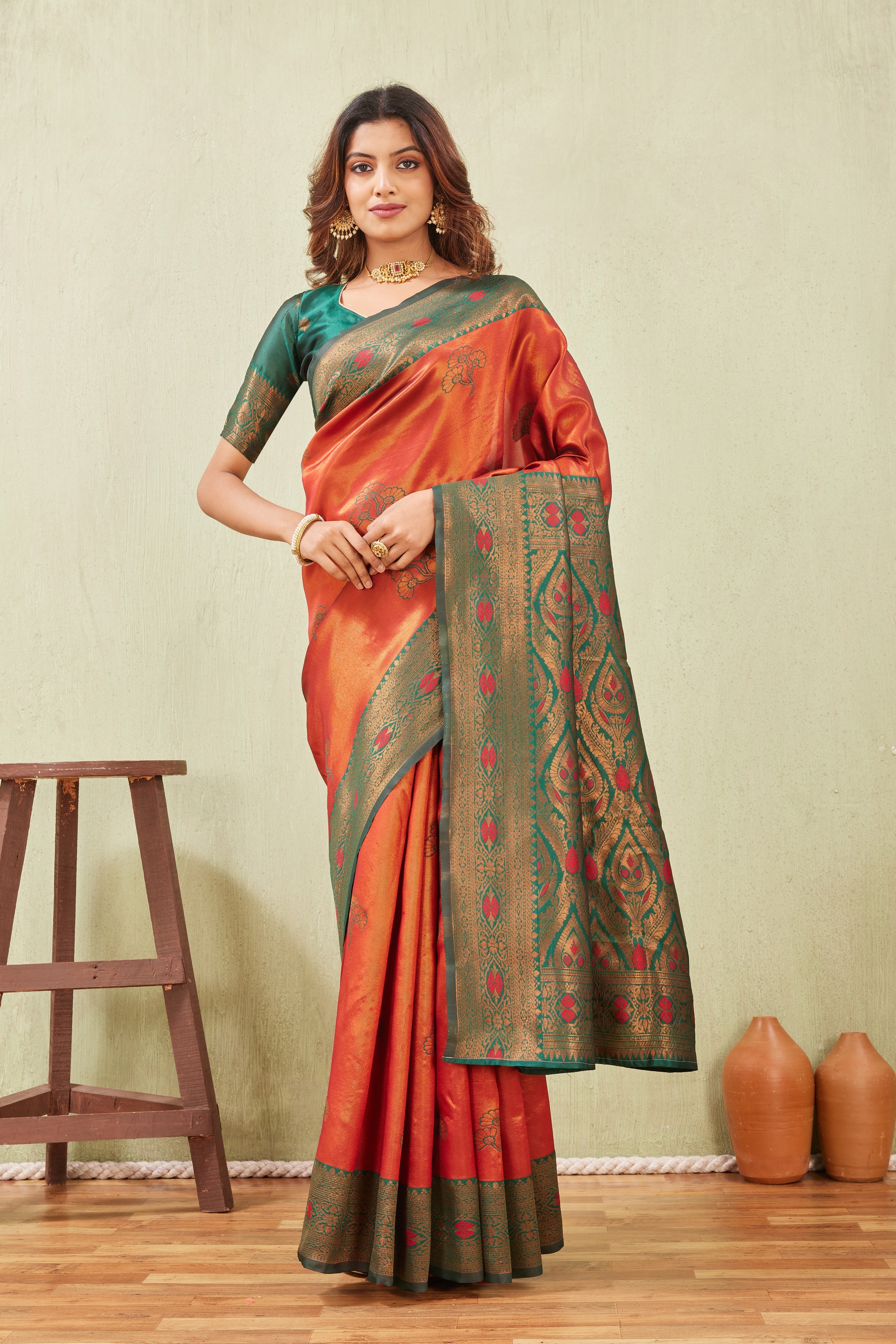 Green Orange Banarasi Silk Saree with Rich Pallu & Elegant Jacquard Jari Work