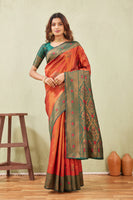 Green Orange Banarasi Silk Saree with Rich Pallu & Elegant Jacquard Jari Work