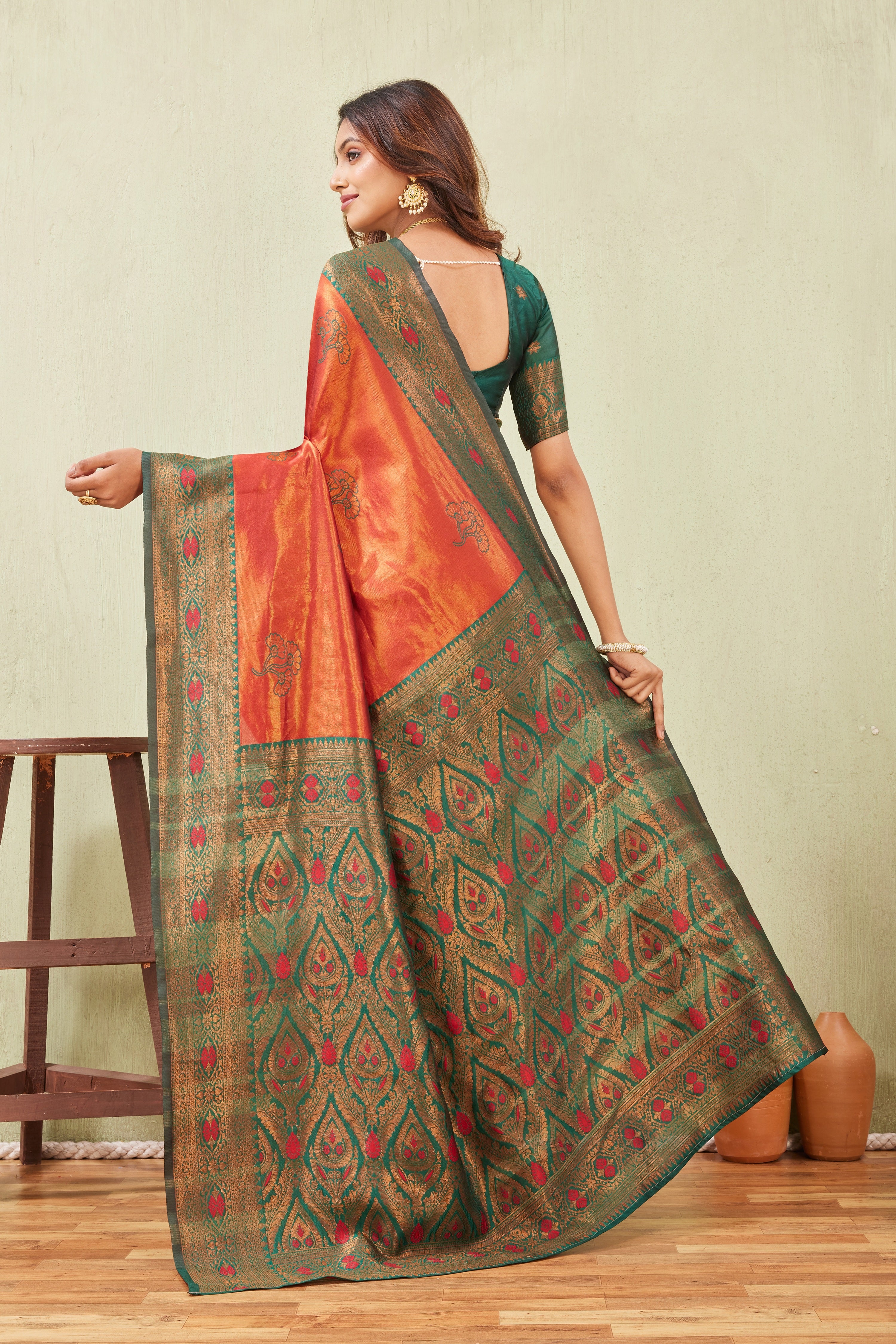 Green Orange Banarasi Silk Saree with Rich Pallu & Elegant Jacquard Jari Work