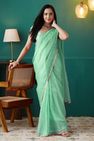 Green Organza Designer Foil Printed Partywear Saree