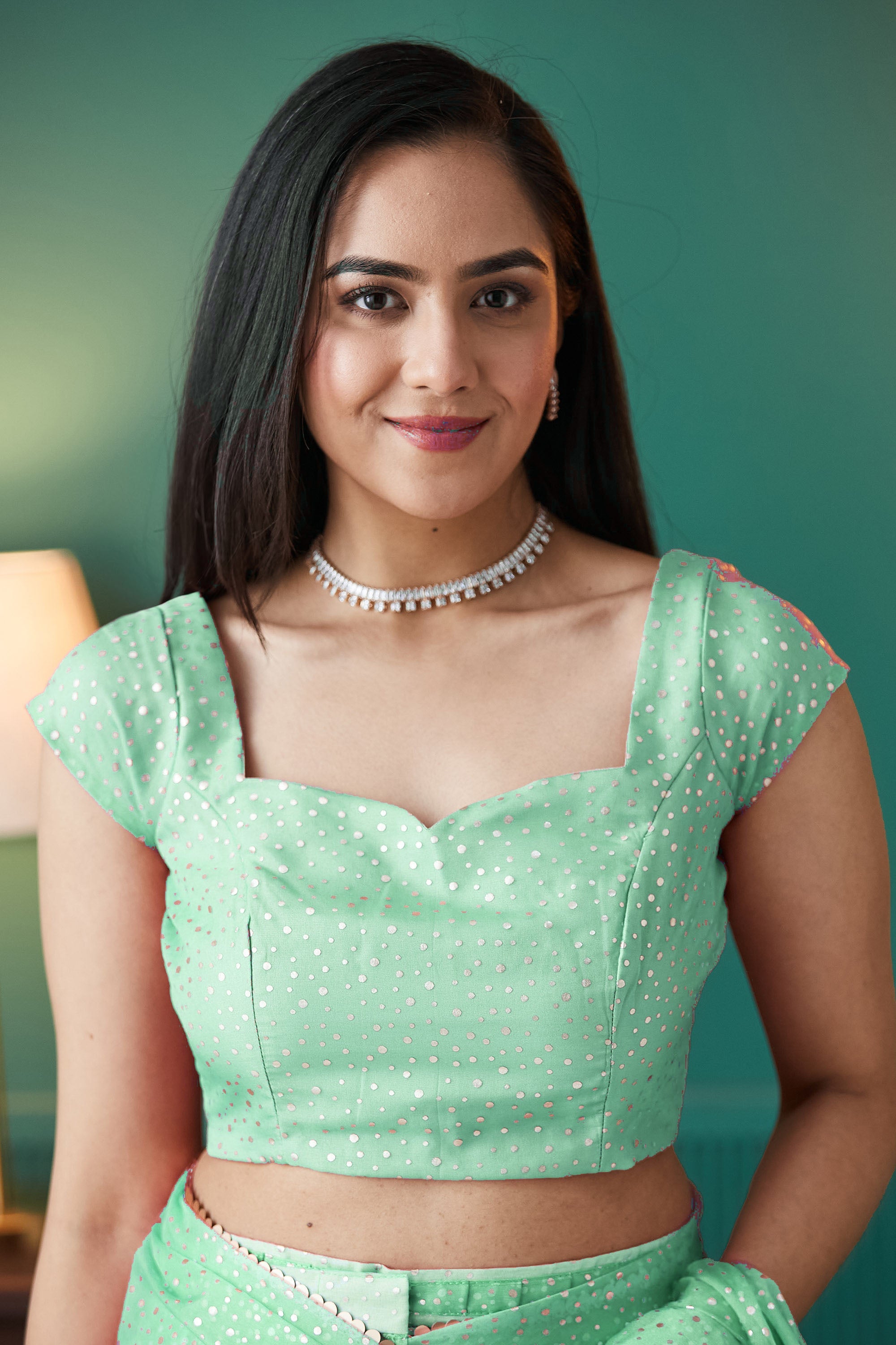 Green Organza Designer Foil Printed Partywear Saree