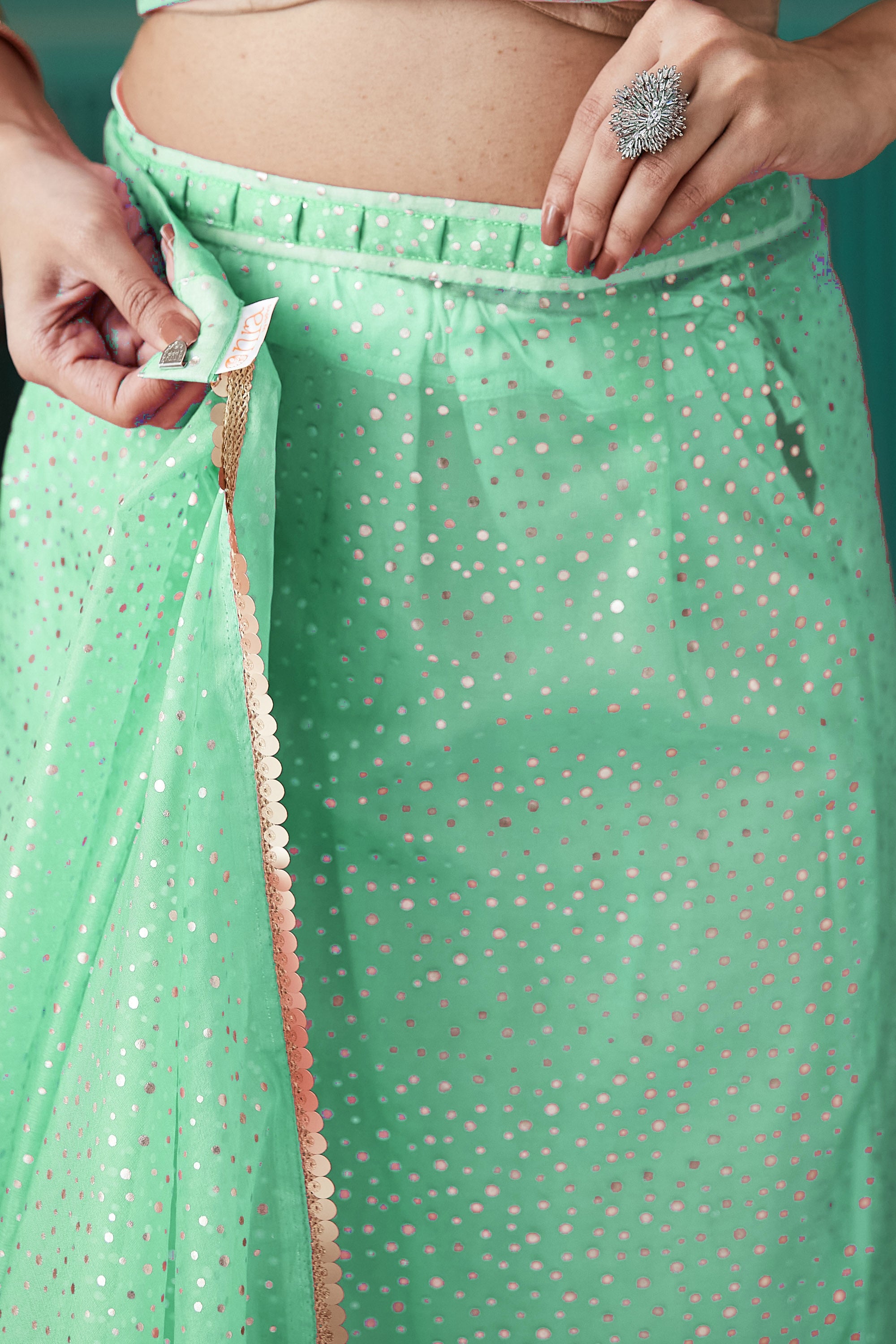 Green Organza Designer Foil Printed Partywear Saree
