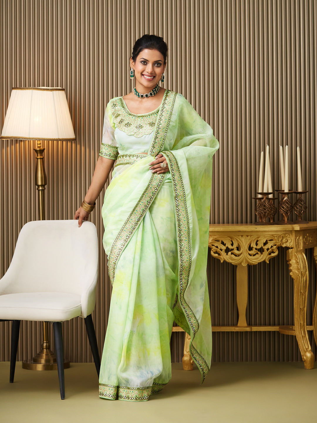 Green Organza Embroidered Embellished Work Ceremonial Saree