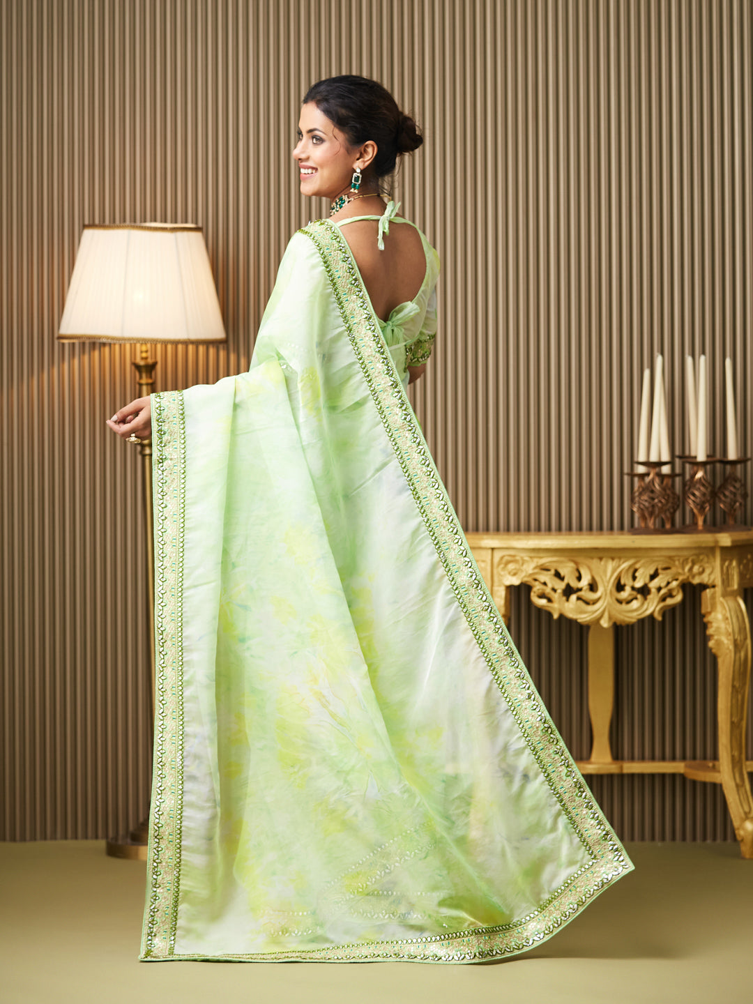 Green Organza Embroidered Embellished Work Ceremonial Saree