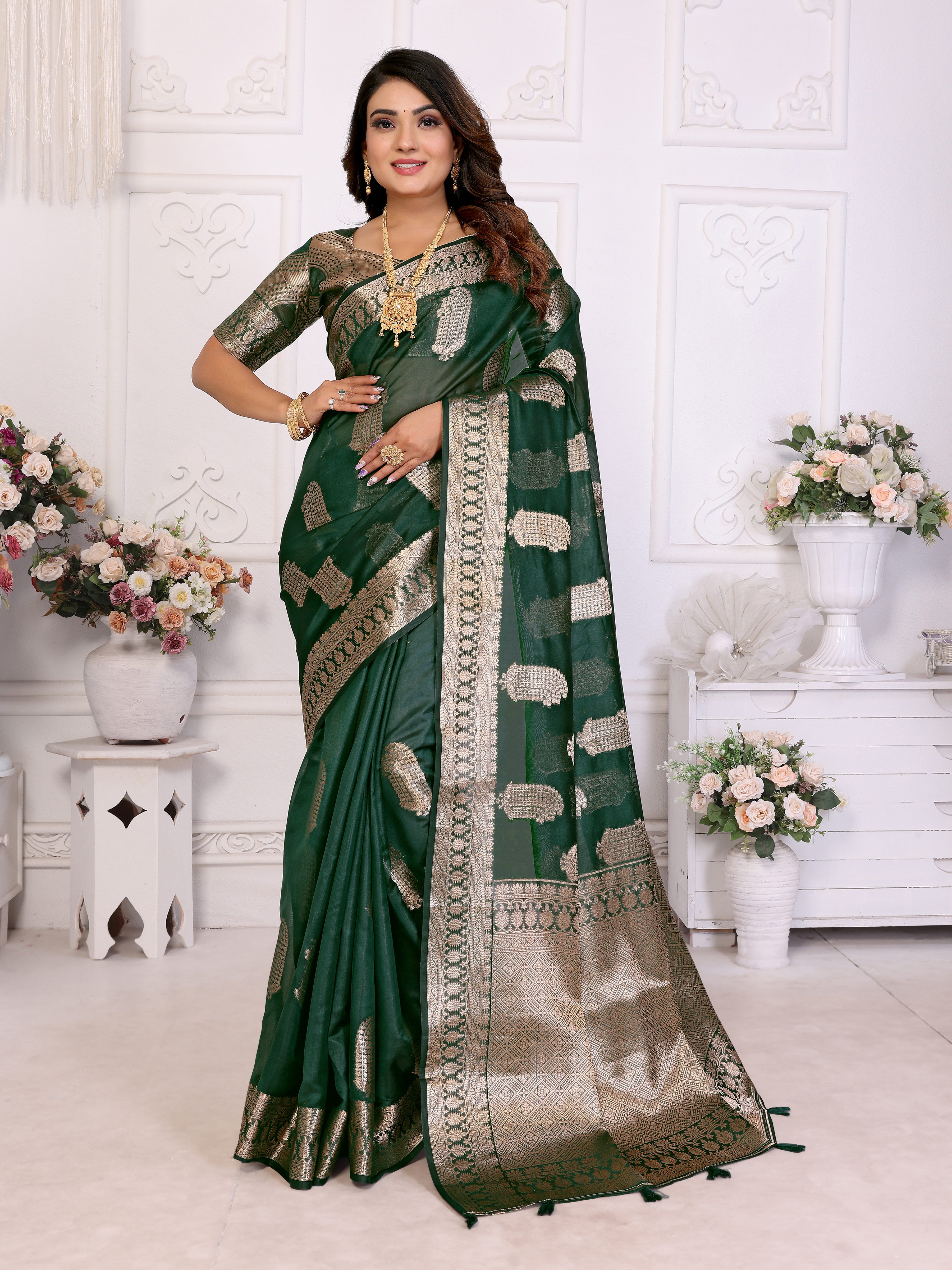 Green Organza Gold Zari Designer Beautiful Festive Saree