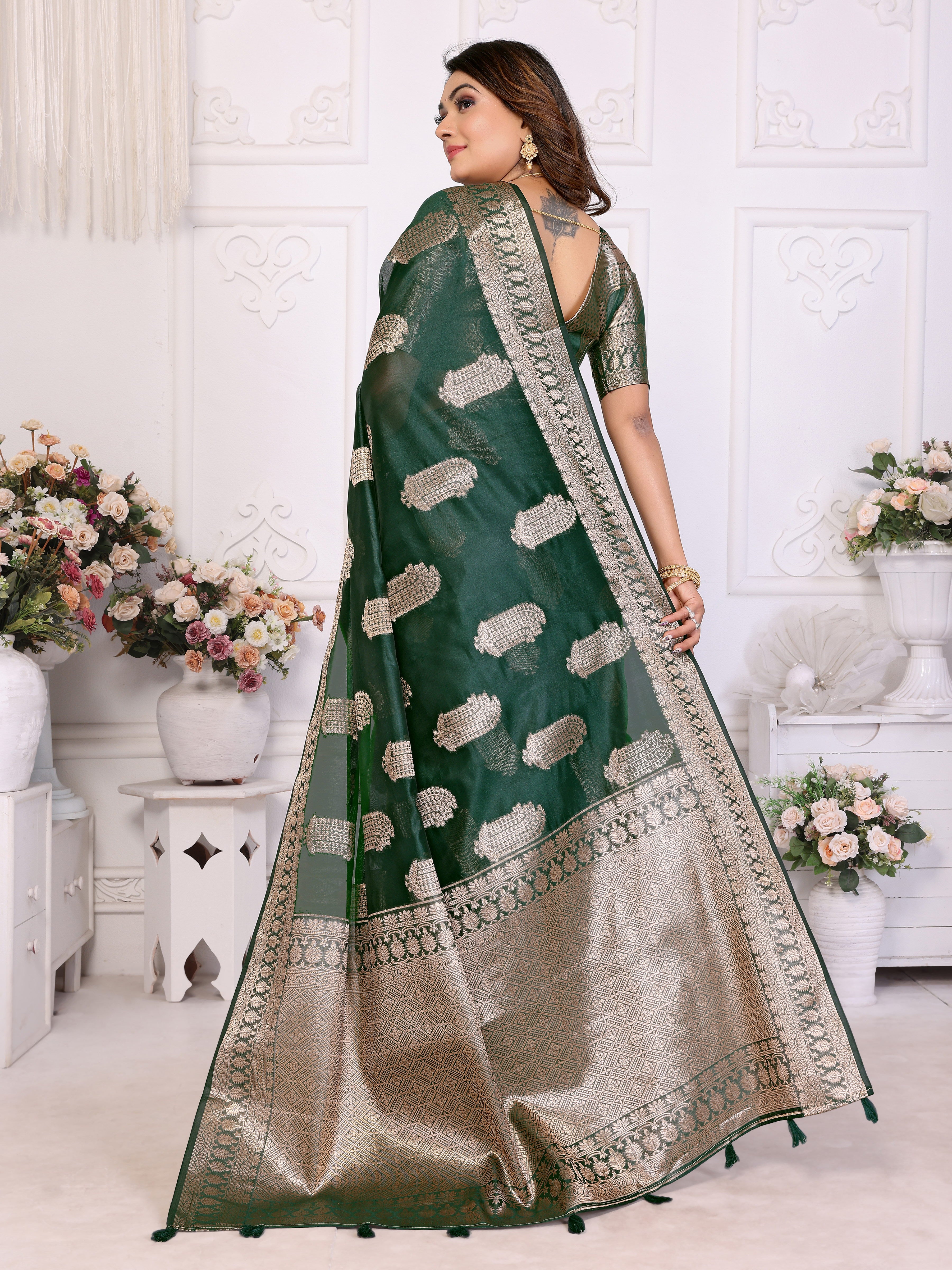 Green Organza Gold Zari Designer Beautiful Festive Saree