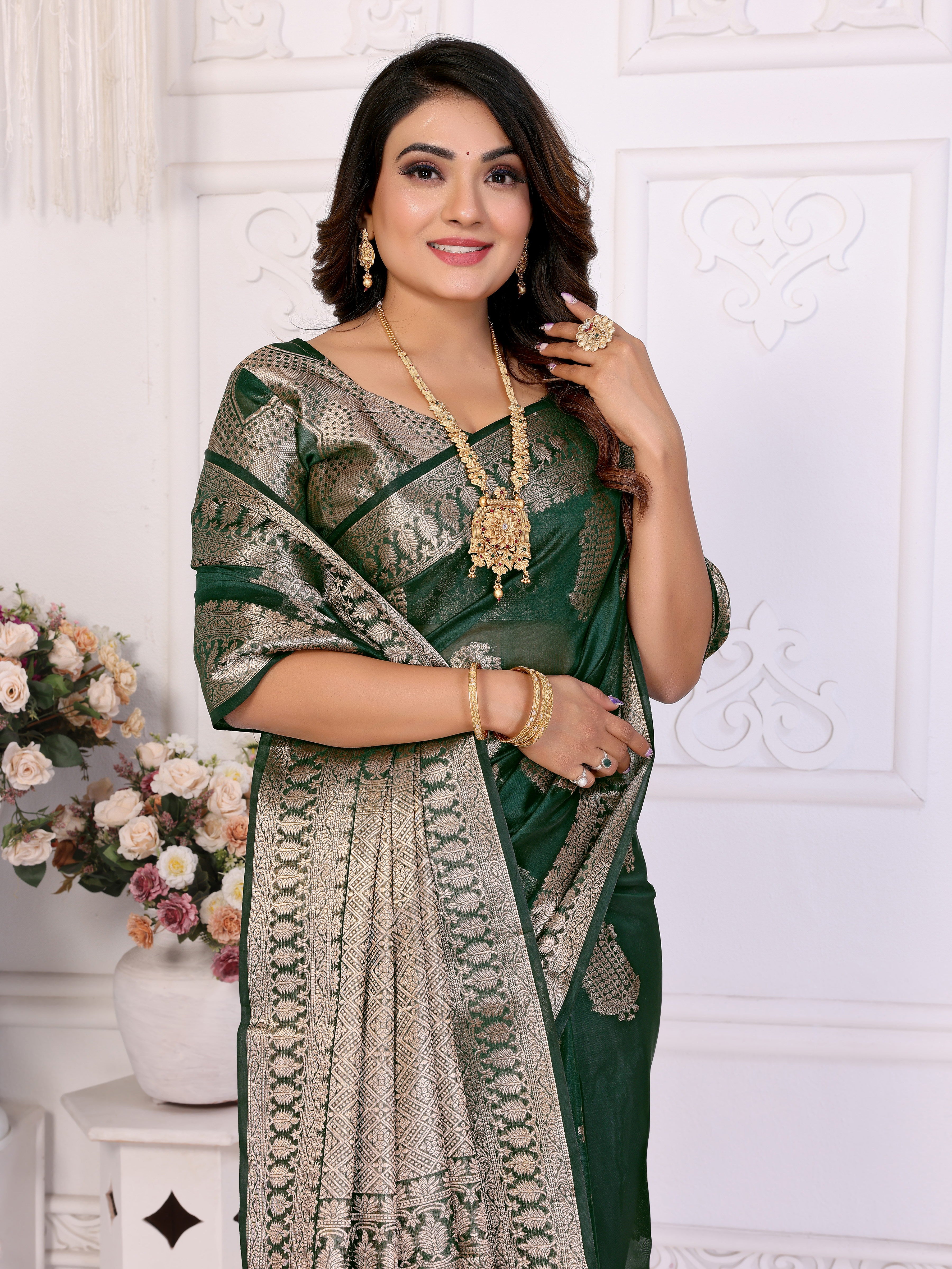 Green Organza Gold Zari Designer Beautiful Festive Saree