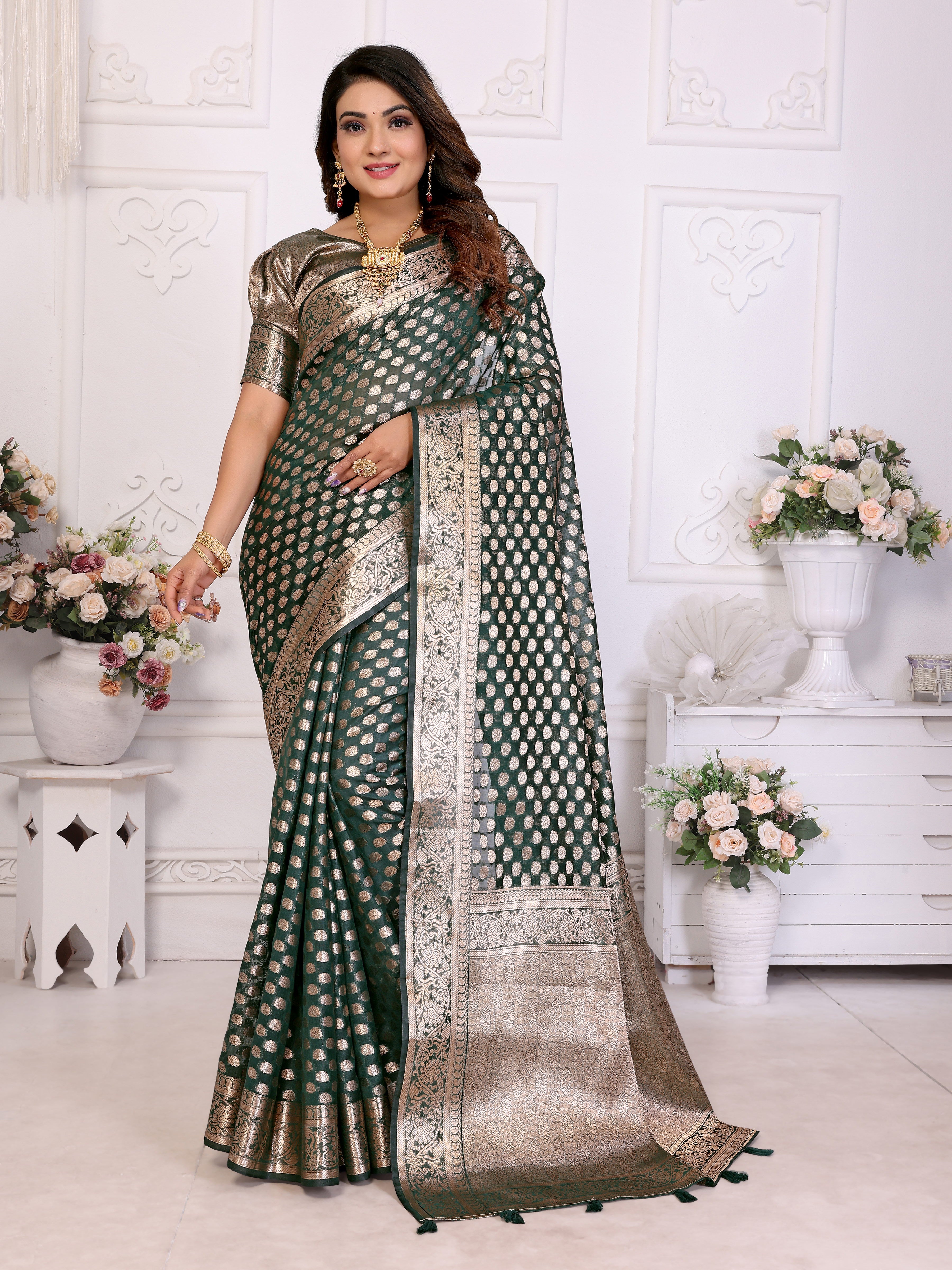 Green Organza Gold Zari Designer Ceremonial Saree