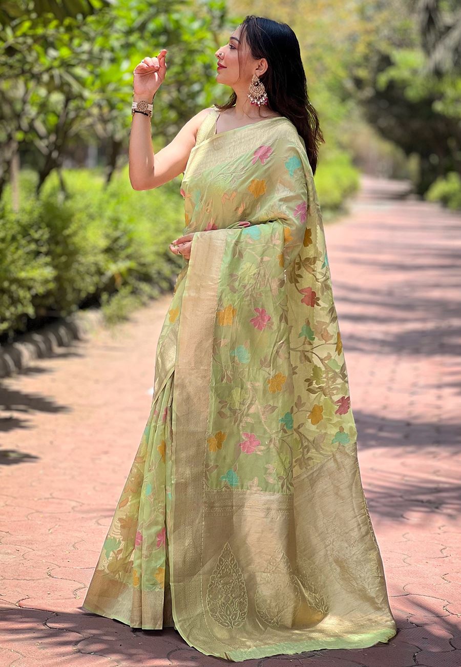 Green Organza Saree With Woven Work