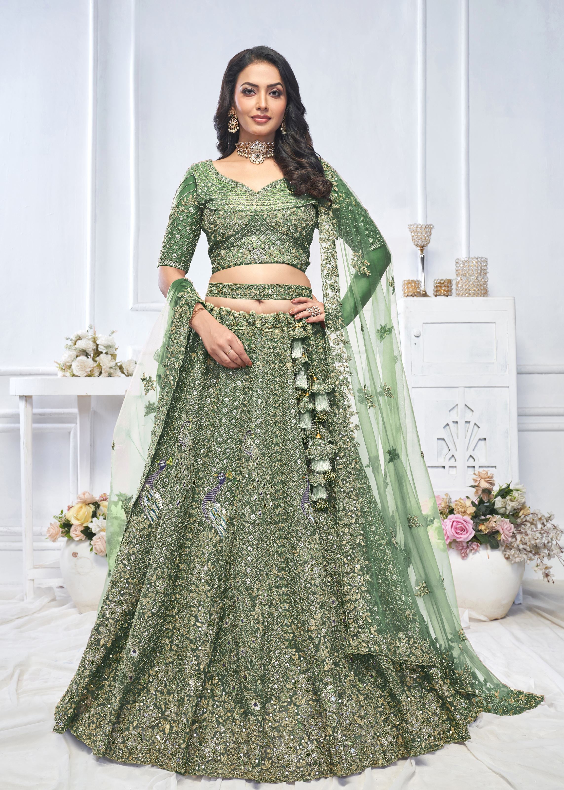 Green Organza Silk Intricate Paisley Motifs Traditional Embroidered Wedding Lehenga Choli With Soft Net Dupatta