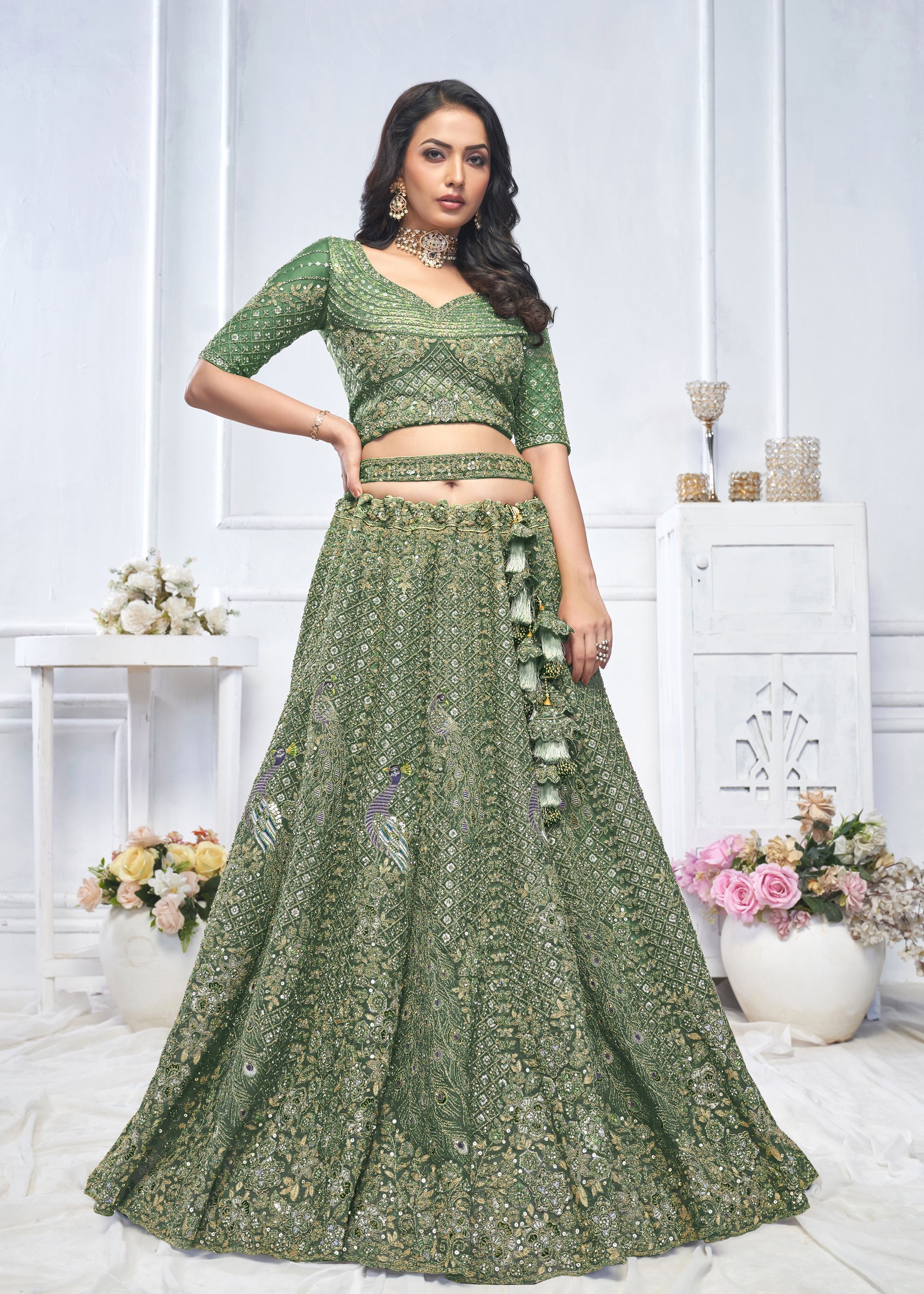 Green Organza Silk Intricate Paisley Motifs Traditional Embroidered Wedding Lehenga Choli With Soft Net Dupatta