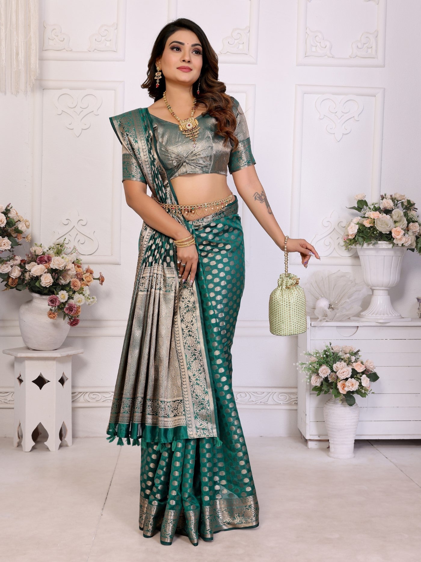 Green Organza Silk Saree With Classic Weaving